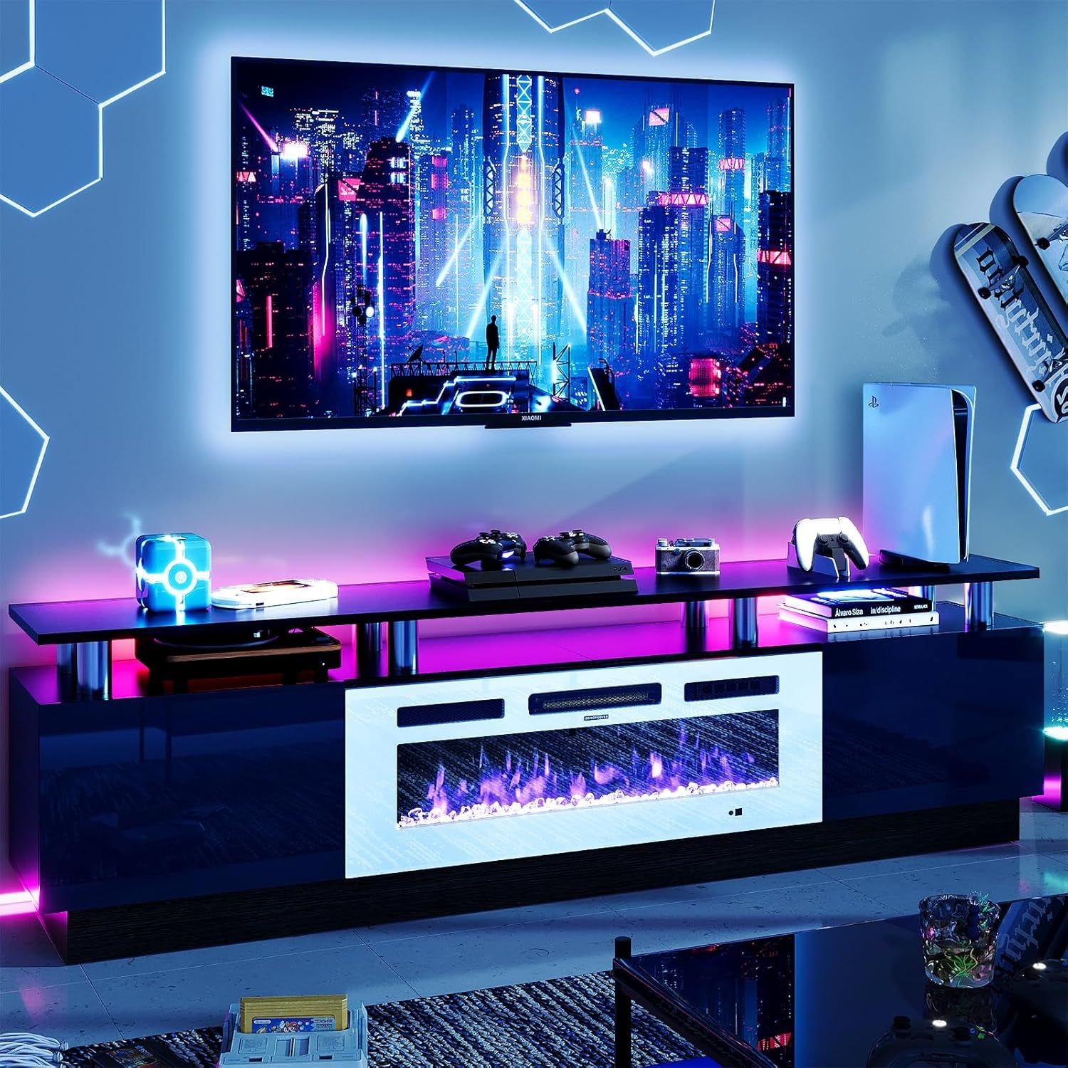 Fireplace TV Stand with 36” Electric Fireplace, 80” 2 Tier TV Console Stand for Tvs up to 90&quot;, LED Light Entertainment Center, Fireplace for the Living Room TV Stand, Black