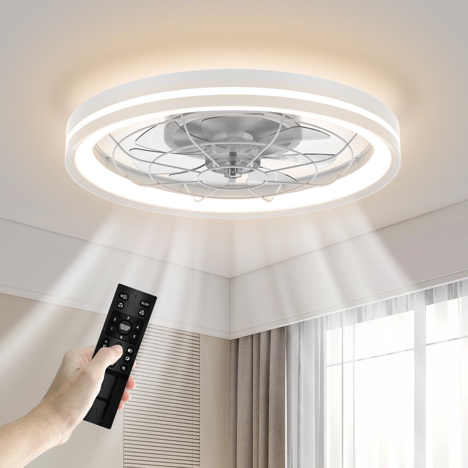 Low Profile Ceiling Fan with Light and Remote Bladeless Bedroom Ceiling Fan with Light, 20In Small Flush Mount Ceiling Fan Dimmable Modern Enclosed Ceiling Fans for Small Room - White