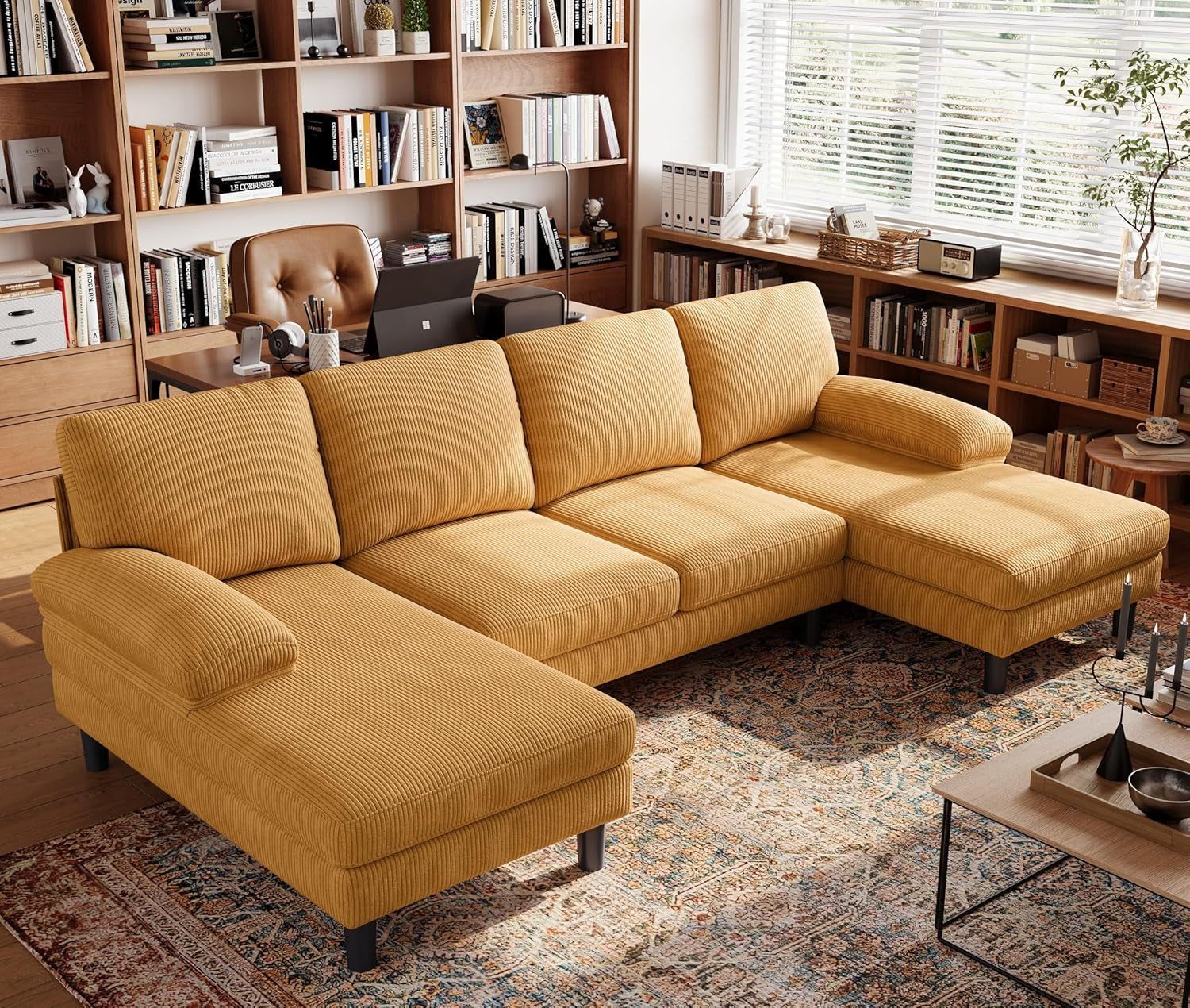Sectional Couch, 111&#39;&#39; W Corduroy U Shaped Sofa with Sleepable Armrests, 4 Seat Couch with Double Chaises, Deep Sofa for Living Room, Yellow