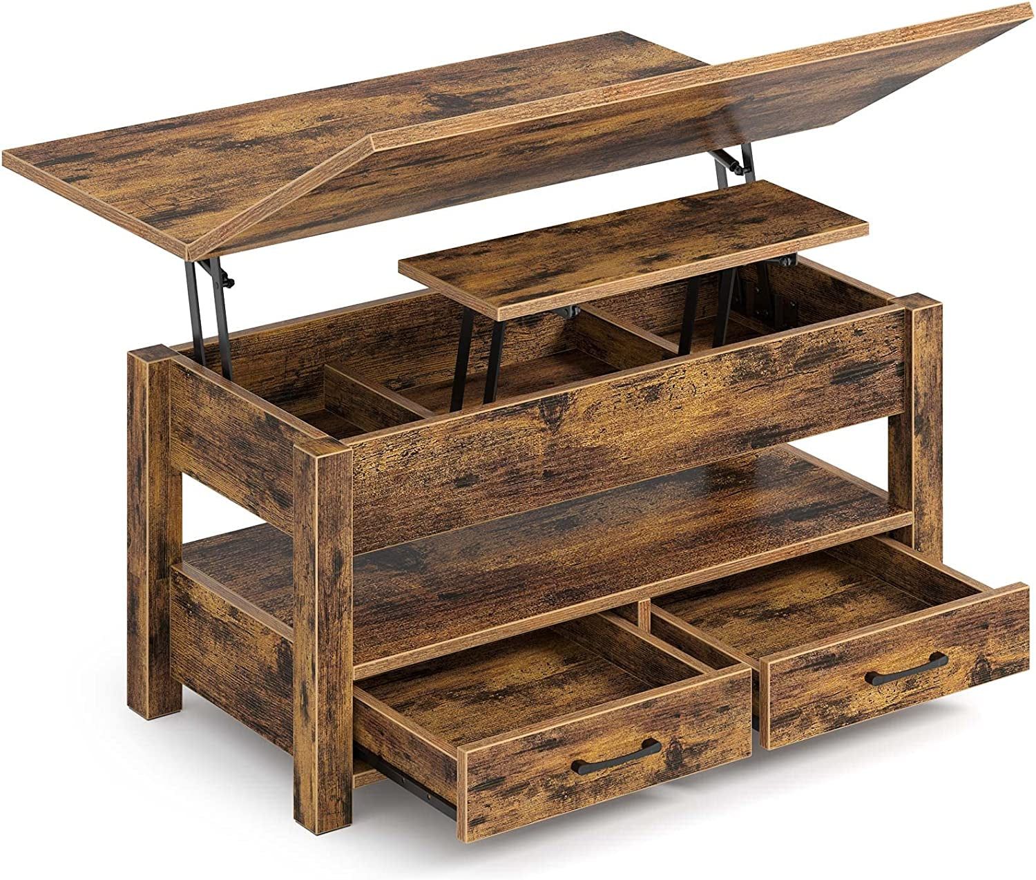 Coffee Table Lift Top, Multi-Function Convertible Coffee Table with Drawers and Hidden Compartment, Coffee Table Converts to Dining Table for Living Room, Home Office, Rustic Brown
