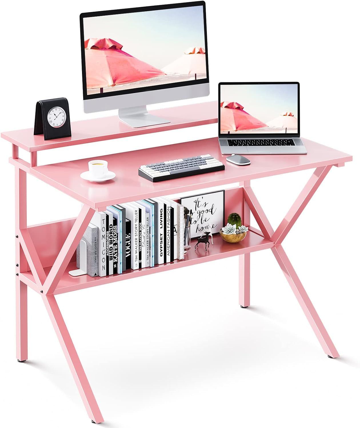 Small Desk, 27.5 Inch Small Computer Desk for Small Spaces, Compact Desk with Storage, Tiny Desk Study Desk with Monitor Stand for Home Office, Pink