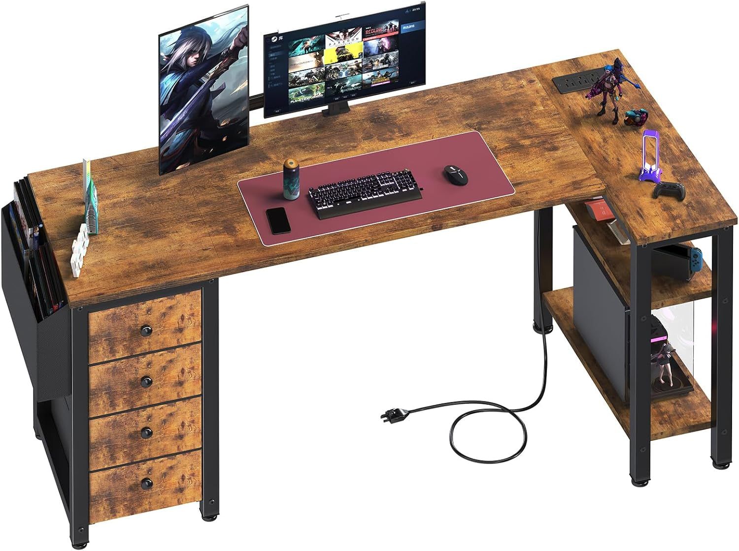 L Shaped Computer Desk with Drawers &amp; Storage Shelves, 55 Inch Corner Desk with Power Outlet for Home Office Bedroom, L-Shaped Teen PC Gaming Desks with Fabric Drawer, Rustic Brown
