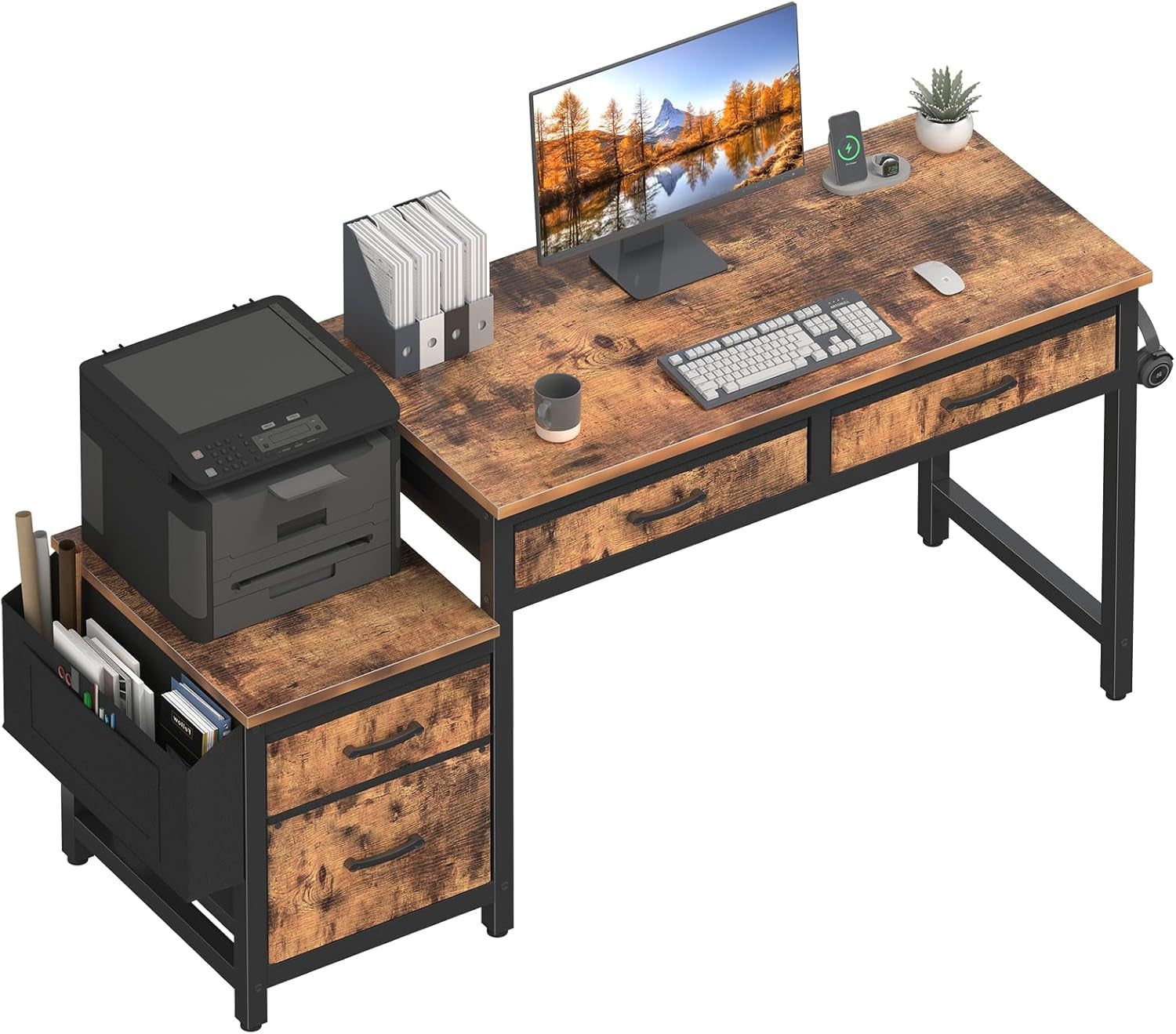 Computer Desk with Fabric File Drawers Cabinet, 57 Inch Home Office Desks with Filing Cabinet Printer Stand for Small Space, Study Writing Table PC Desks for Bedroom, Brown