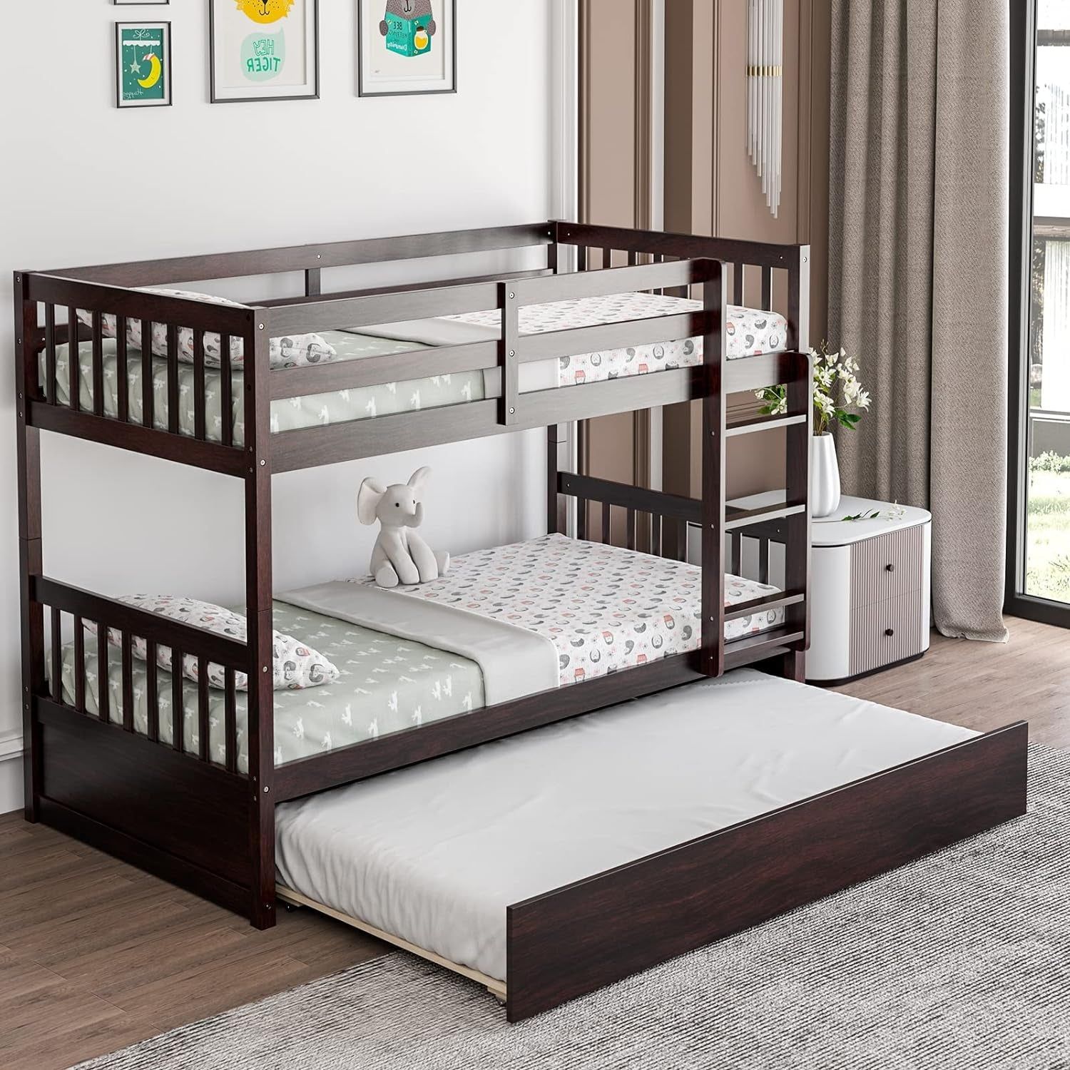 Twin over Twin Bunk Bed with Trundle, Convertible Platform Bed Frame with Ladder &amp; Solid Wood Frame, Space-Saving Bunk Bed for Teens &amp; Adults, No Box Spring Needed, Espresso