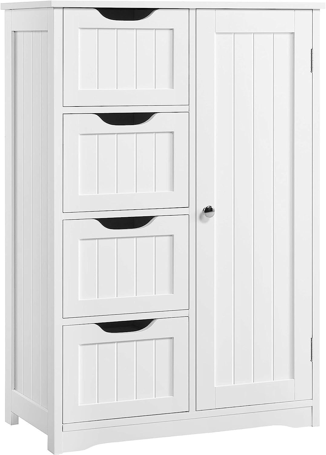 Wooden Floor Cabinet, Side Storage Organizer with 4 Drawers and 1 Cupboard, Freestanding Entryway Storage Unit Console Table, Bathroom Furniture Home Decor, White