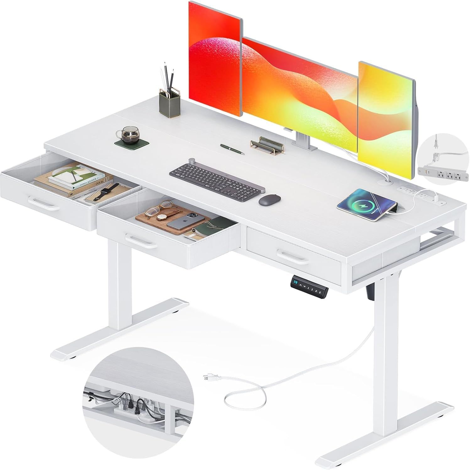 Electric Standing Desk with Drawers, 55 Inch Height Adjustable Desk with Power Outlets, Sit Stand Table, Writing Computer Desk for Home, Office, Workstation, White