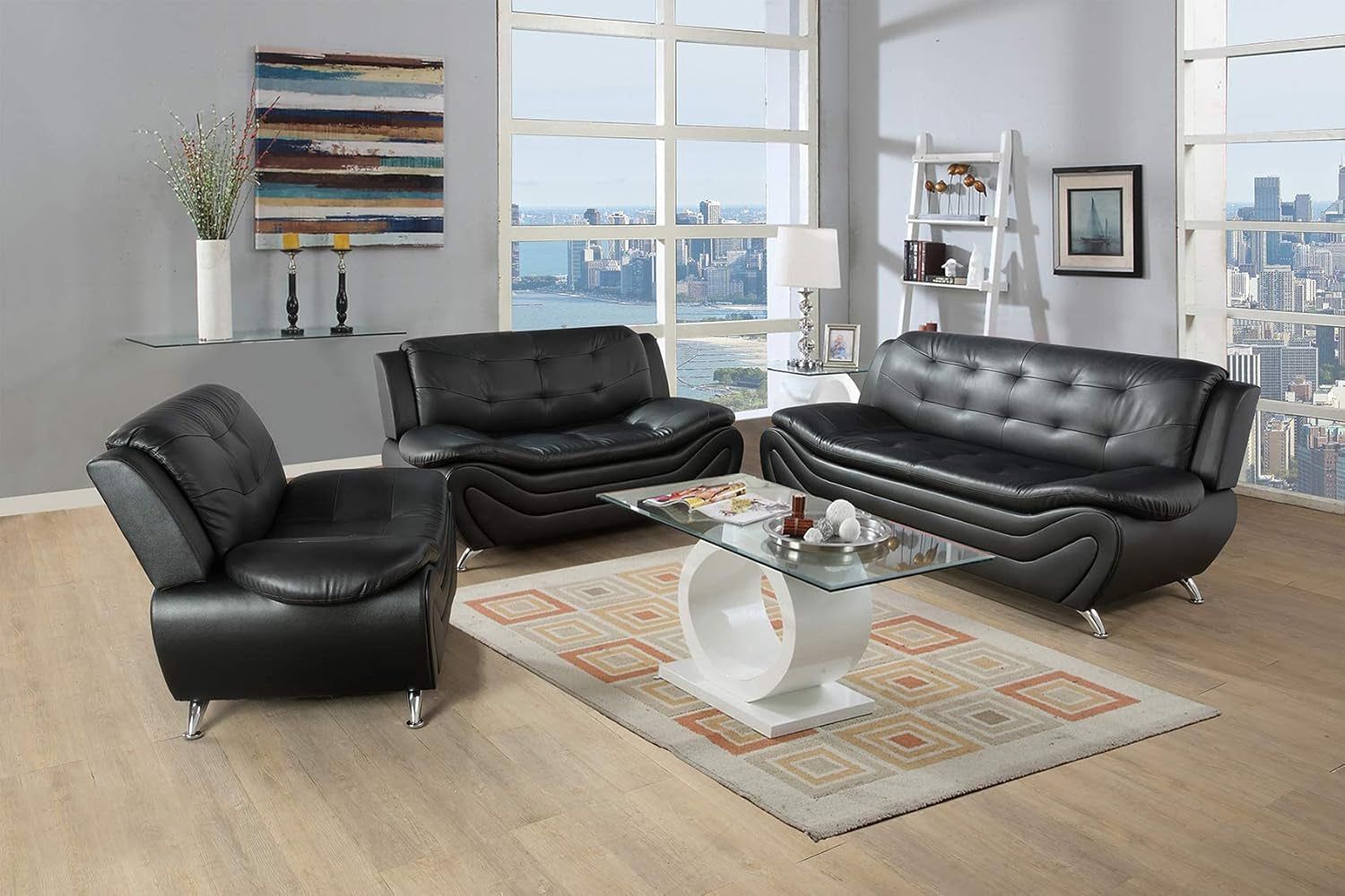 3 PCS Faux Leather Aldo Modern Sofa Set, Living Room Set with Sofa, Loveseat and Chair (Black)