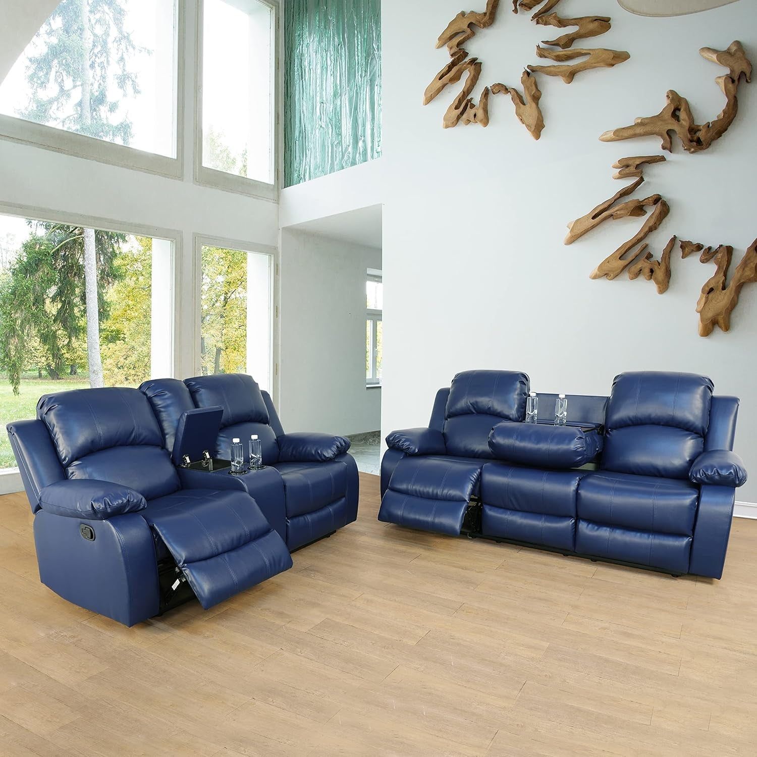 Alpine Living Room Recliner Set Include Love Seat, Sofa, 2-Piece,Navy Blue