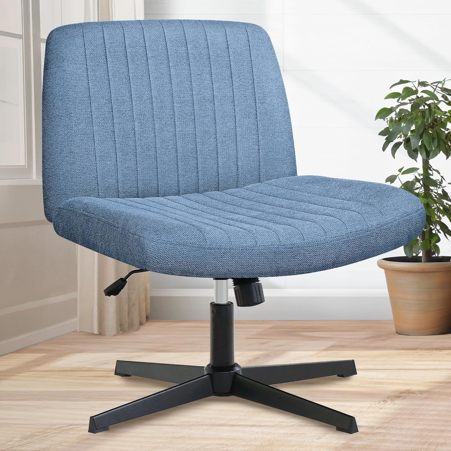 Cross Legged Office Desk Chair No Wheels Fabric Padded Modern Swivel Height Adjustable Wide Seat Computer Task Vanity Chair for Home Office Mid Back Accent Chair (Blue)