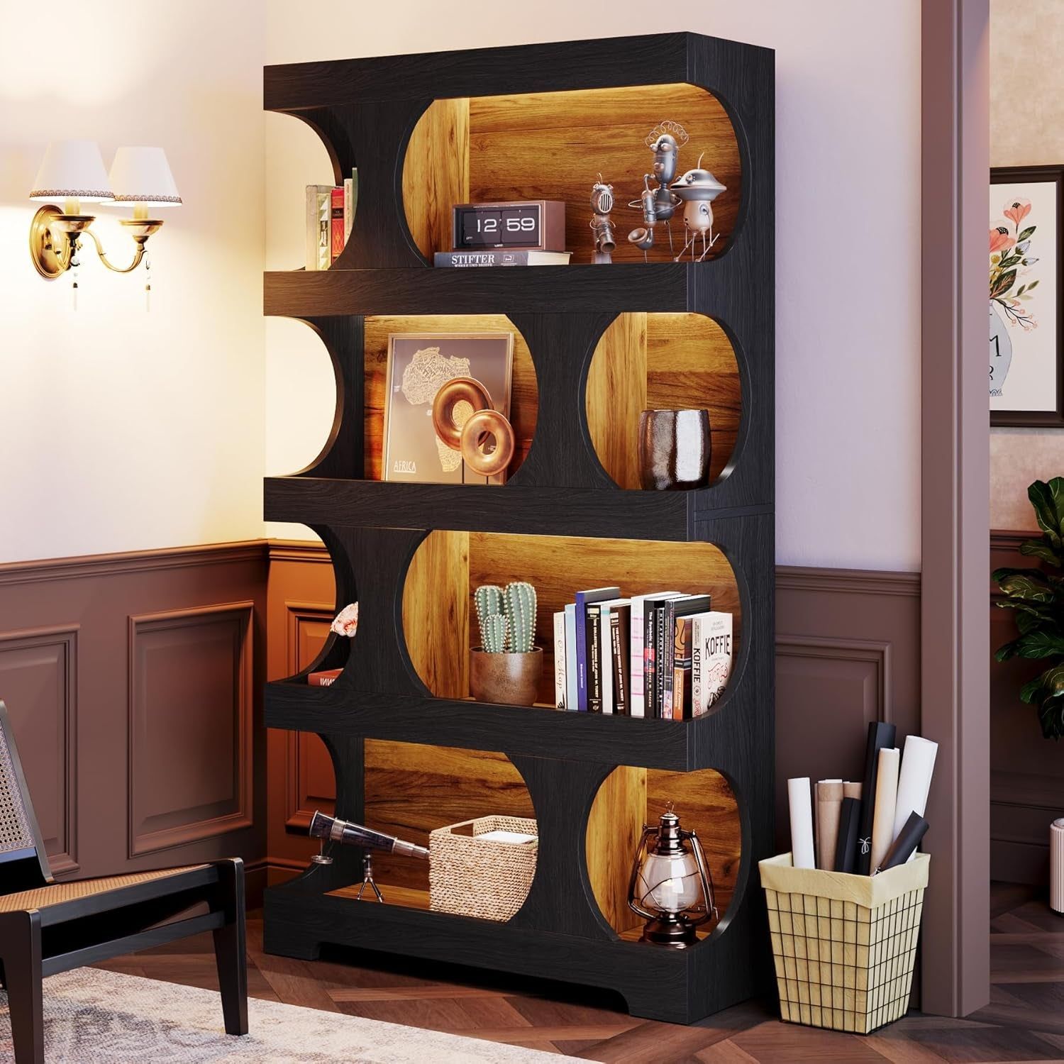 Black 4 Tier S-Shape Bookshelf Tall Modern