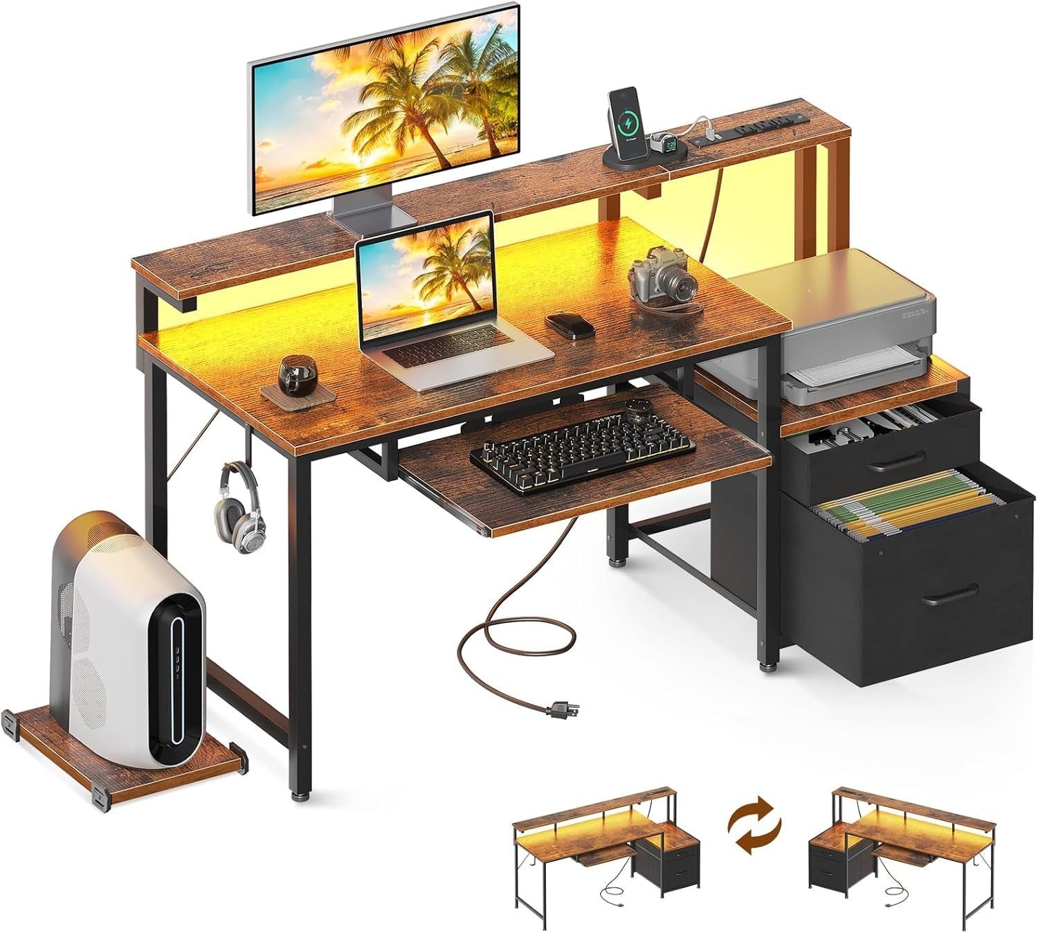 48&quot; Computer Desk with Fabric File Cabinet and Drawer, Reversible Office Desk with Power Outlet and LED Light, Study Desk with Printer Stand, Keyboard Tray, Monitor Riser and PC Stand, Vintage