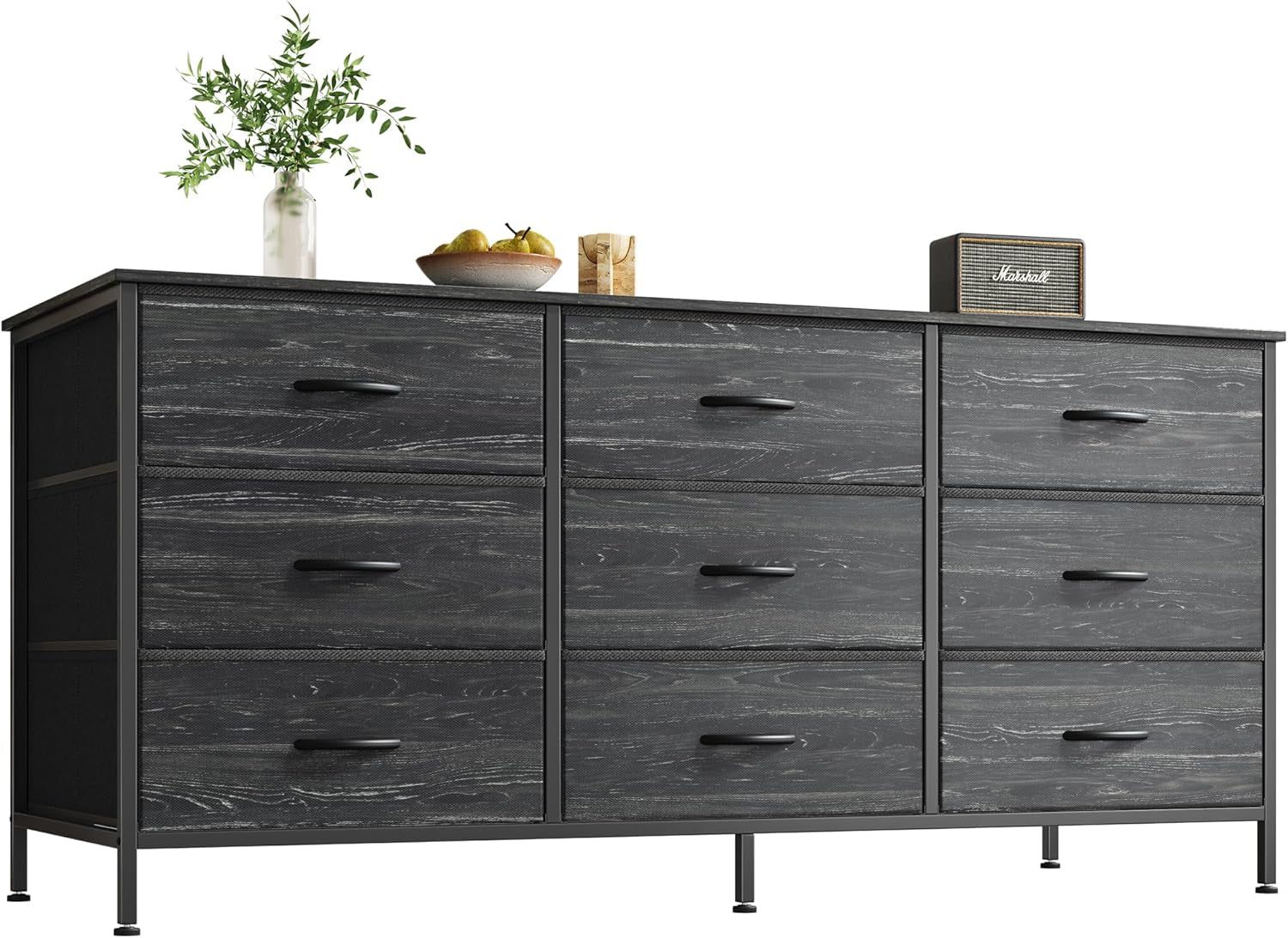 9 Drawer Dresser, 47 Inch Dresser TV Stand for 50, 55 Inch TV, Entertainment Center with Drawers, Fabric Dresser Chest of Drawer for Bedroom, Closet, Charcoal Black Wood Grain Print