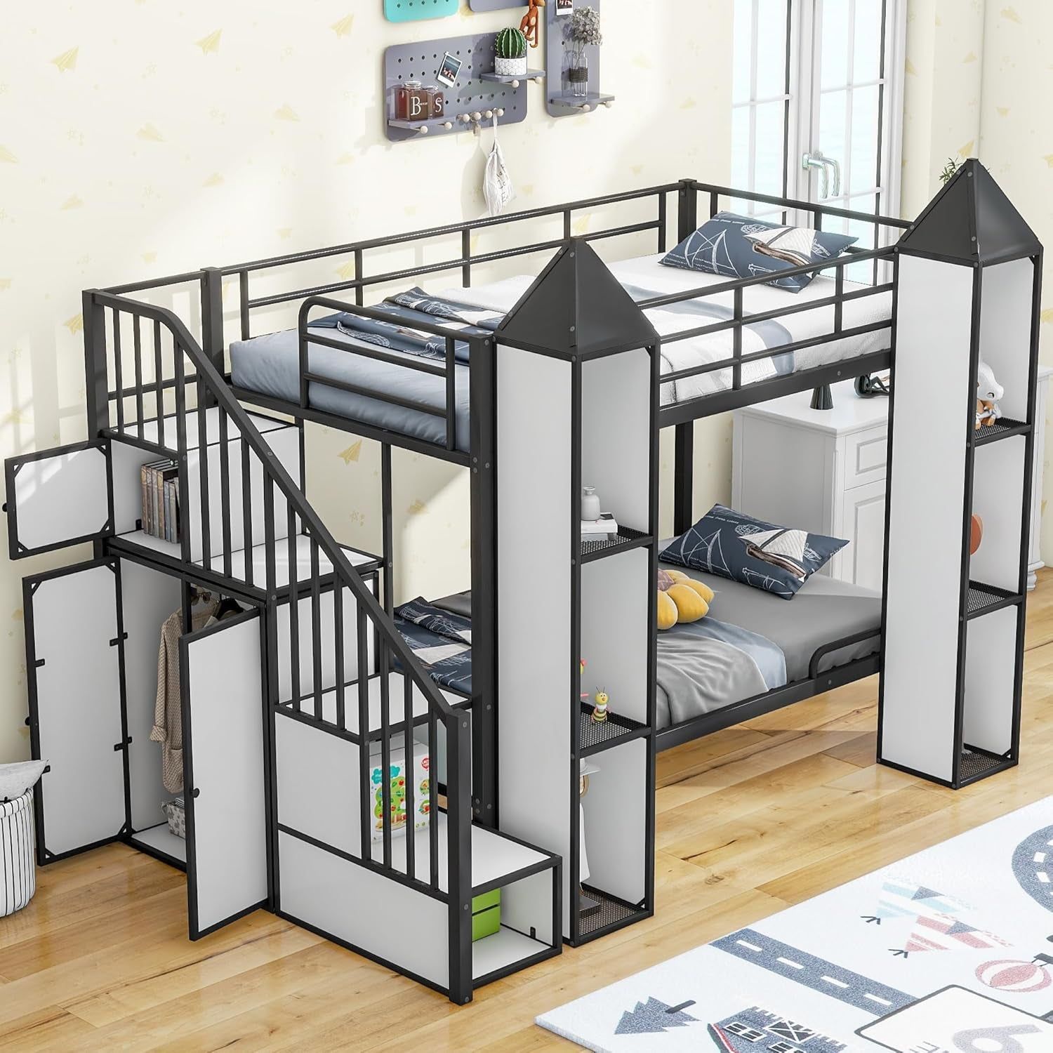Twin over Twin Metal Bunk Bed with Stairs and Storage Wardrobe, Castle-Shaped Bunk Bed Heavy-Duty Steel Frame, Noise Free,For Kids Teens Adults, Black+White