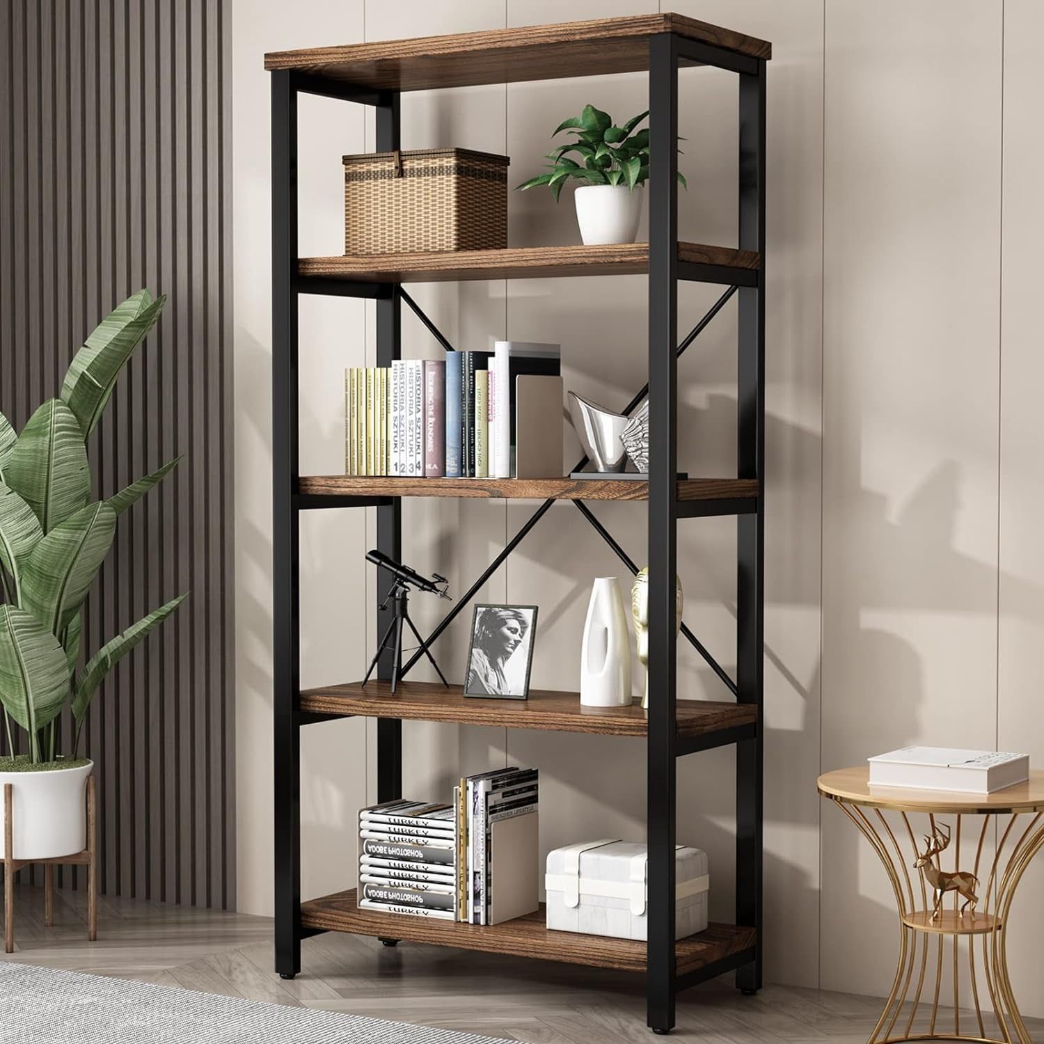 5 Tier Industrial Solid Wood Bookshelf, Open Etagere Bookcase with Metal Frame, Vintage Industrial Style Bookcase/Metal and Wood Bookshelf Furniture (Ay01-5Tier)