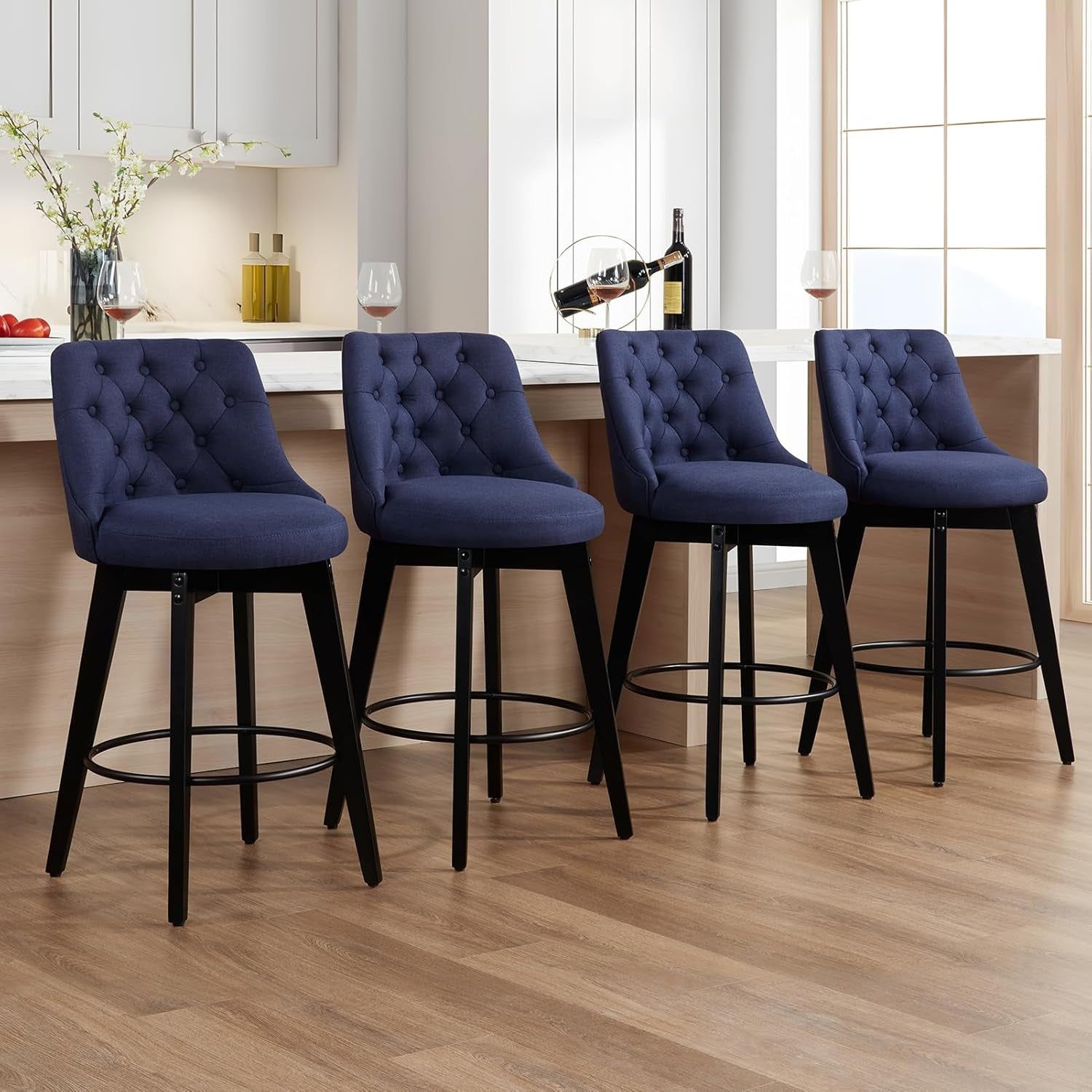 Swivel Bar Stools Set of 4, Linen Counter Height Bar Stools with Back, Wooden Bar Stools for Kitchen Island, Upholstered Bar Stools (Navy Blue)