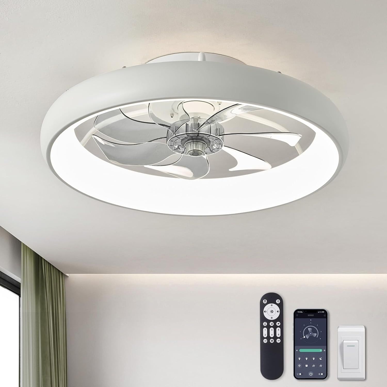 Ceiling Fans with Lights and Remote, 20&#39;&#39; Low Profile Flush Mount Ceiling Fan with Lights, 6 Wind Speeds, Modern Dimmable LED Ceiling Fan, Smart Ceiling Fan for Bedroom, Kids Room (White)