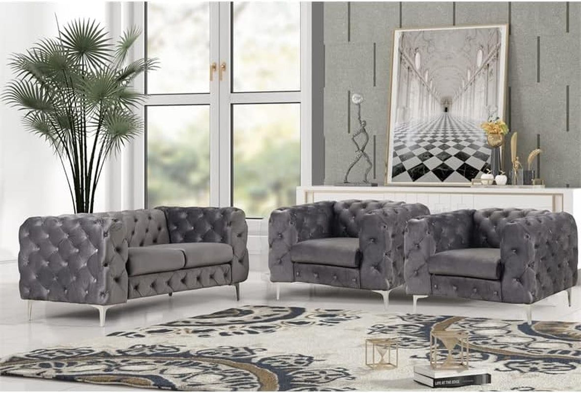 3- Piece Button Tufted Velvet Fabric Livingroom Set -Grey