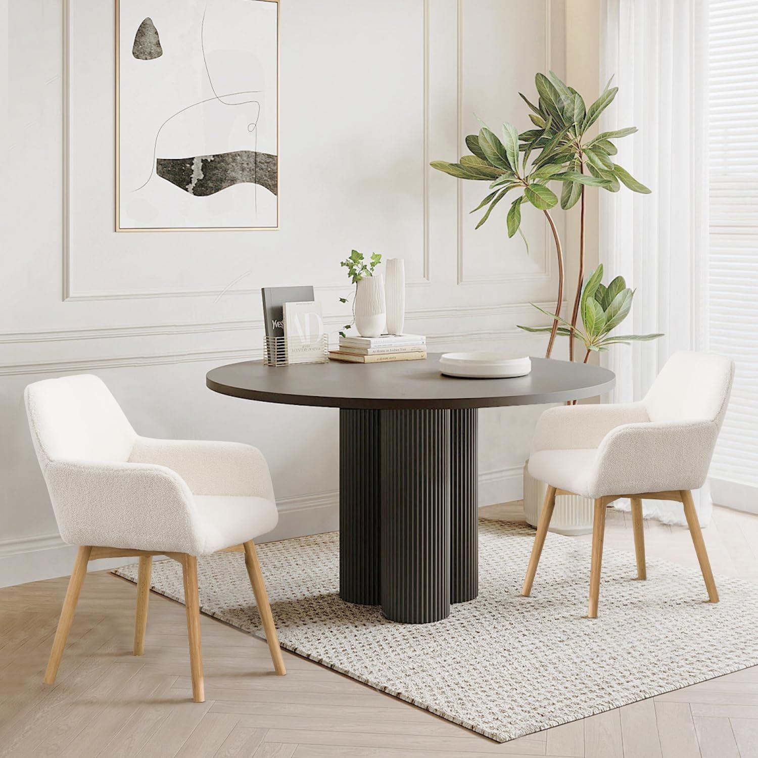 Mid Century Modern Dining Chairs Set of 2 &amp; 4 &amp; 6 Comfy Accent Chair Upholstered Kitchen Dining Living Room Chairs for Bedrooms Waiting Room Home Arm Desk Chair No Wheels (Wool White, 2)