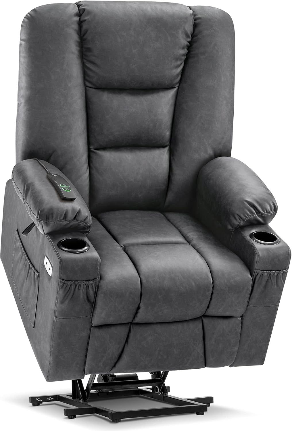 Large Power Lift Recliner Chair Sofa with Massage and Heat for Big and Tall Elderly People, 3 Positions, Cup Holders, and USB Ports, Faux Leather 7539 (Large, Dark Grey)