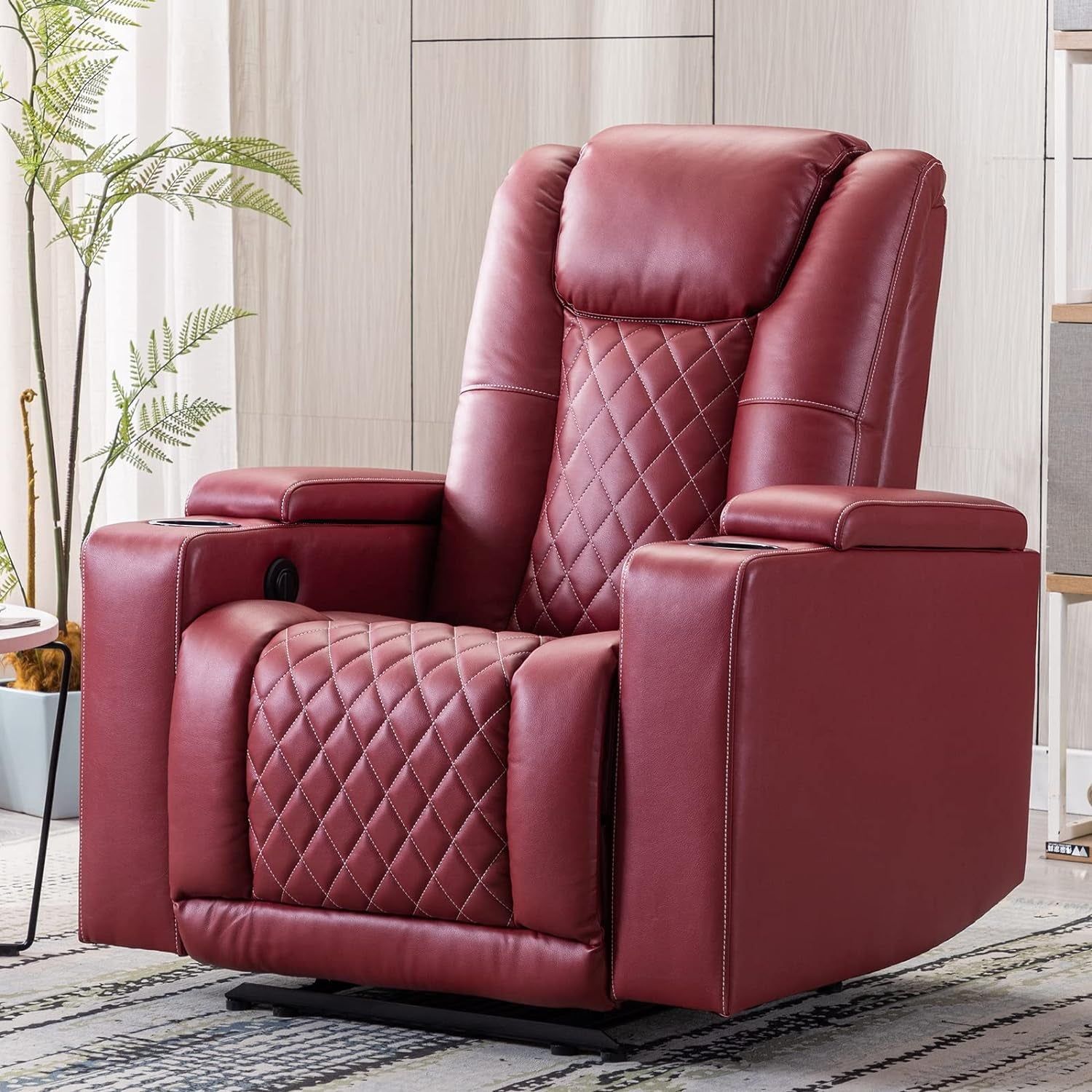 Electric Power Recliner Chair Soft Leather Reclining with USB Ports and Cup Holders, Red Home Theater Seating with Hidden Arm Storage Movie &amp; Media Room Chairs