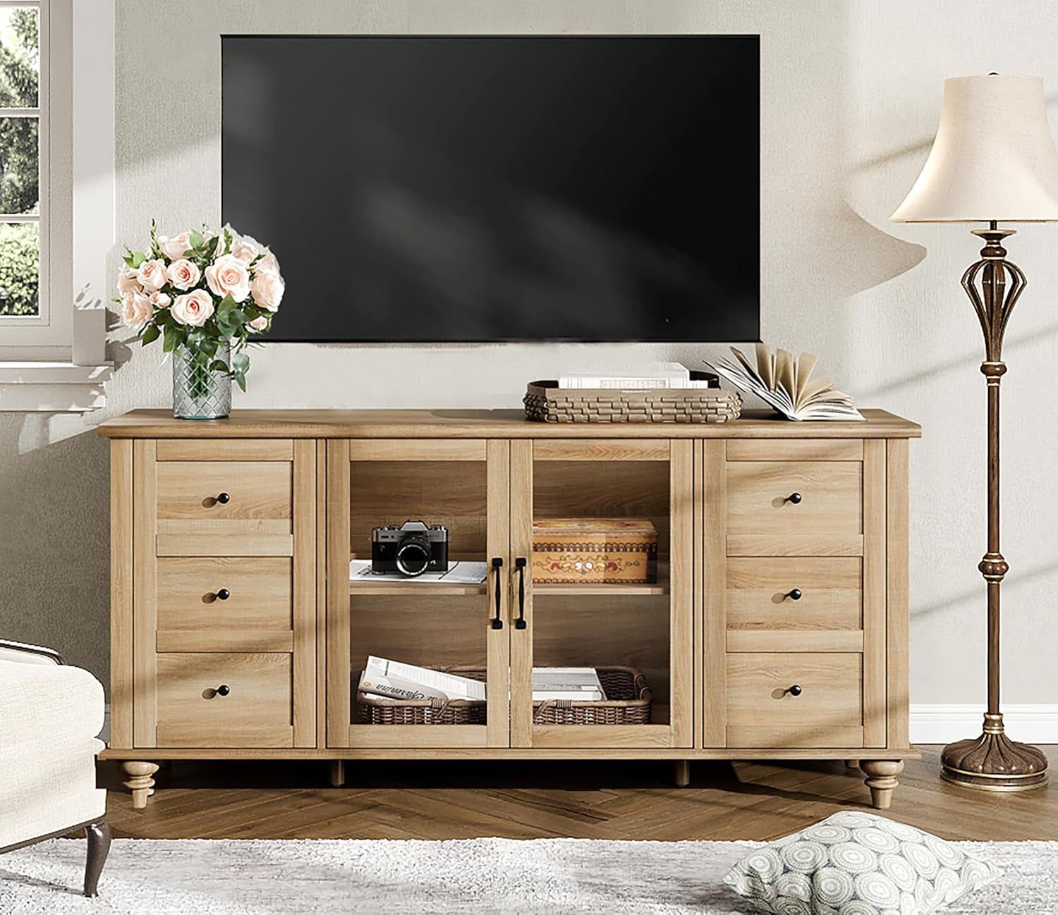 Glass Door Farmhouse TV Stand for Tvs up to 75 Inch, Wood Universal TV Console Table with 4 Storage Cabinets, Entertainment Center for 32-75 Inch TV Console Cabinet, 58&#39;&#39;,Oak