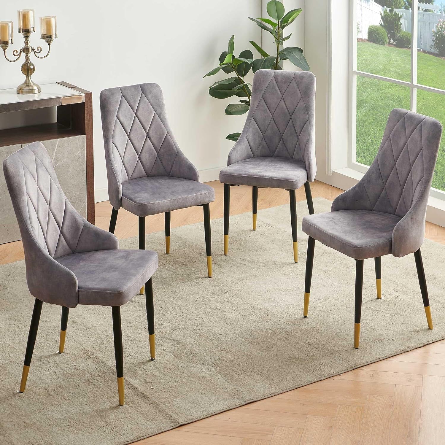 Upholstered Velvet Dining Chair Set of 4, Grey Armless Side Chair with Metal Legs for Home Kitchen