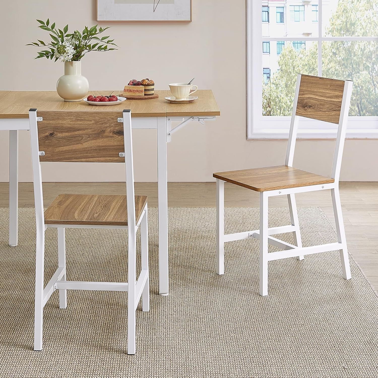 Dining Chair Set of 2, Rustic Wood Chairs with Metal Steel Frame, Easy to Assemble, Comfortable Seat, Modern Farmhouse Chair for Kitchen, Bedroom, Living Room, Wheat Brown and Cloud White
