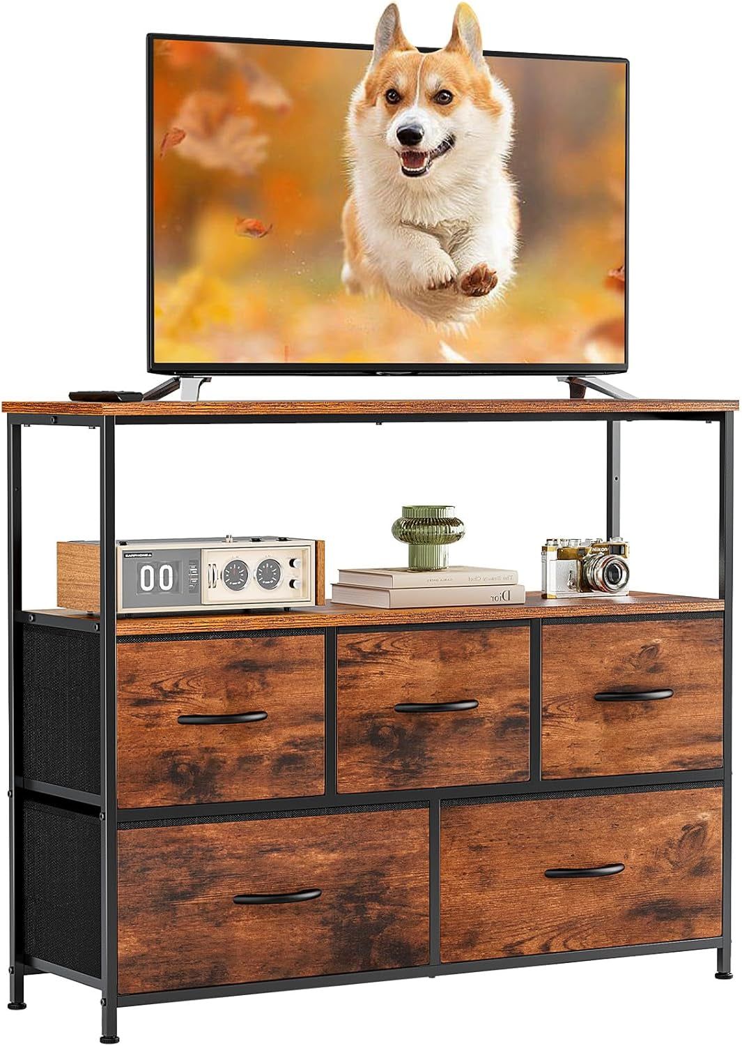 TV Stand Dresser for Bedroom with 5 Fabric Drawer,Entertainment Center for 45 Inch Television, Media Console Table with Storage, Open Shelf, Adjustable Feet, Living Room Furniture, Brown