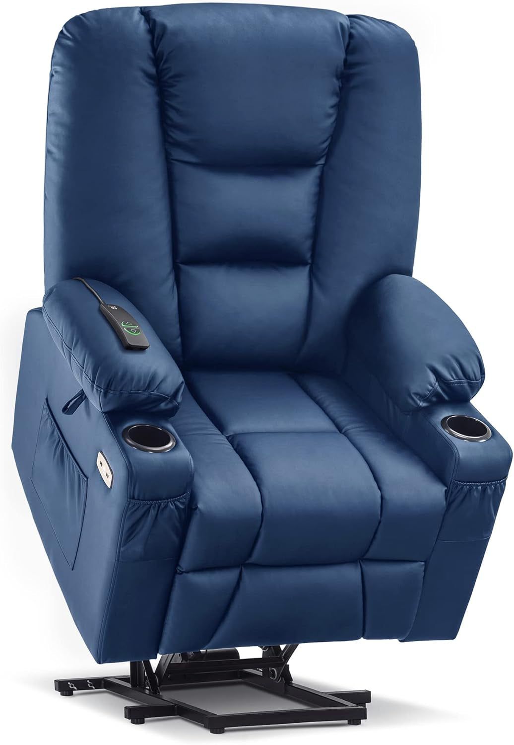 Large Power Lift Recliner Chair Sofa with Massage and Heat for Big and Tall Elderly People, 3 Positions, Cup Holders, and USB Ports, Faux Leather 7539 (Large, Navy Blue)