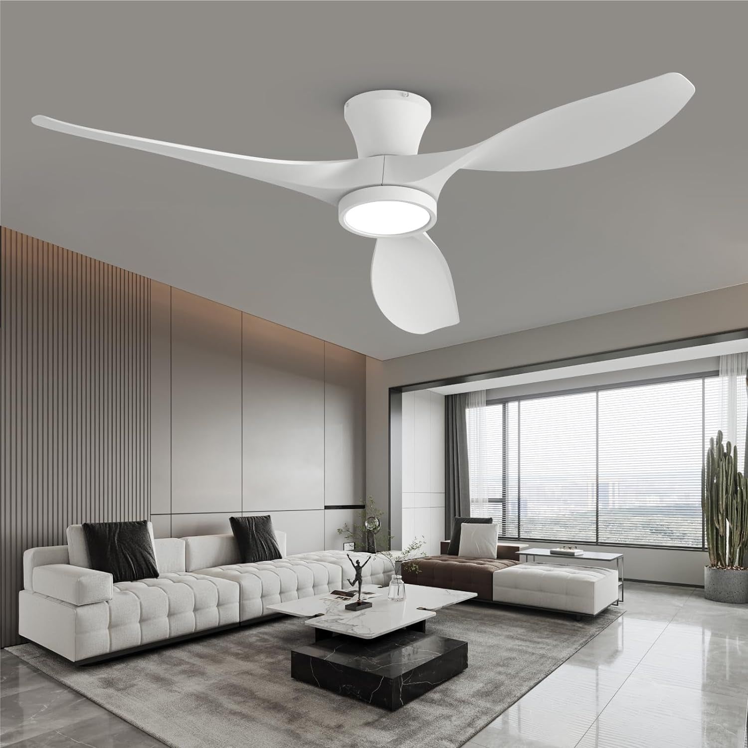 52 Inch Ceiling Fans with Lights Remote Control, Modern Low Profile Ceiling Fan with Quiet Reversible DC Motor for Bedroom Living Room and Patio White