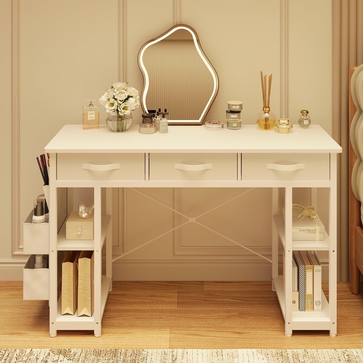 White Vanity Desk, Computer and Study Desk with Fabric Drawers &amp; Side Storage Bag, No Mirror. Makeup Vanity Table, Home Office Desk, Modern Writing Desk, 48&quot;X16&quot;.