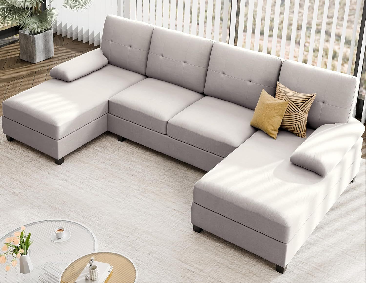 Sectional Sofa Couches for Living Room, U Shaped Sofa Living Room Furniture Sets, 4 Seat U Shaped Sofa Sectional Couch with Chaise, Beige