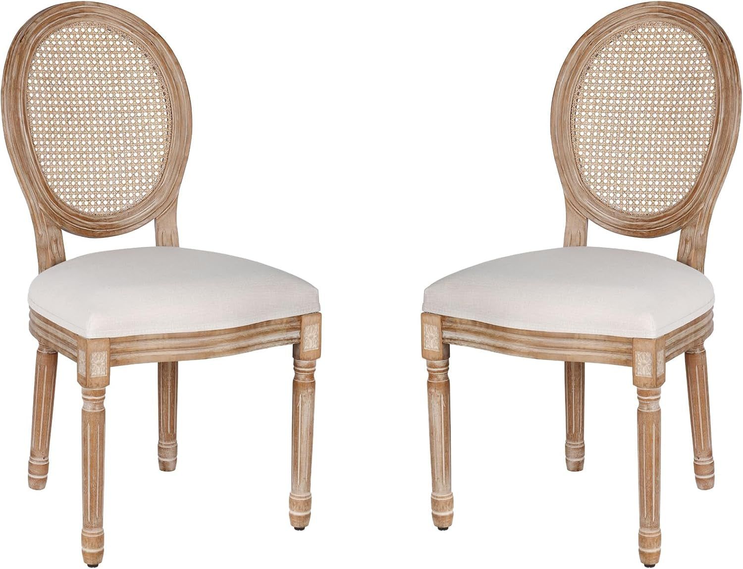 Dining Chairs Set of 2 Beige Rattan round Back with Solid Wood Legs and Frame for French Country Kitchen Dining Room