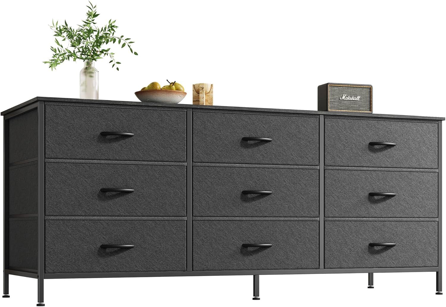 9 Drawer Dresser, 55 Inch Dresser TV Stand for 55, 60 Inch TV, Entertainment Center with Drawers, Large Storage Fabric Dresser for Bedroom, Closet, Black