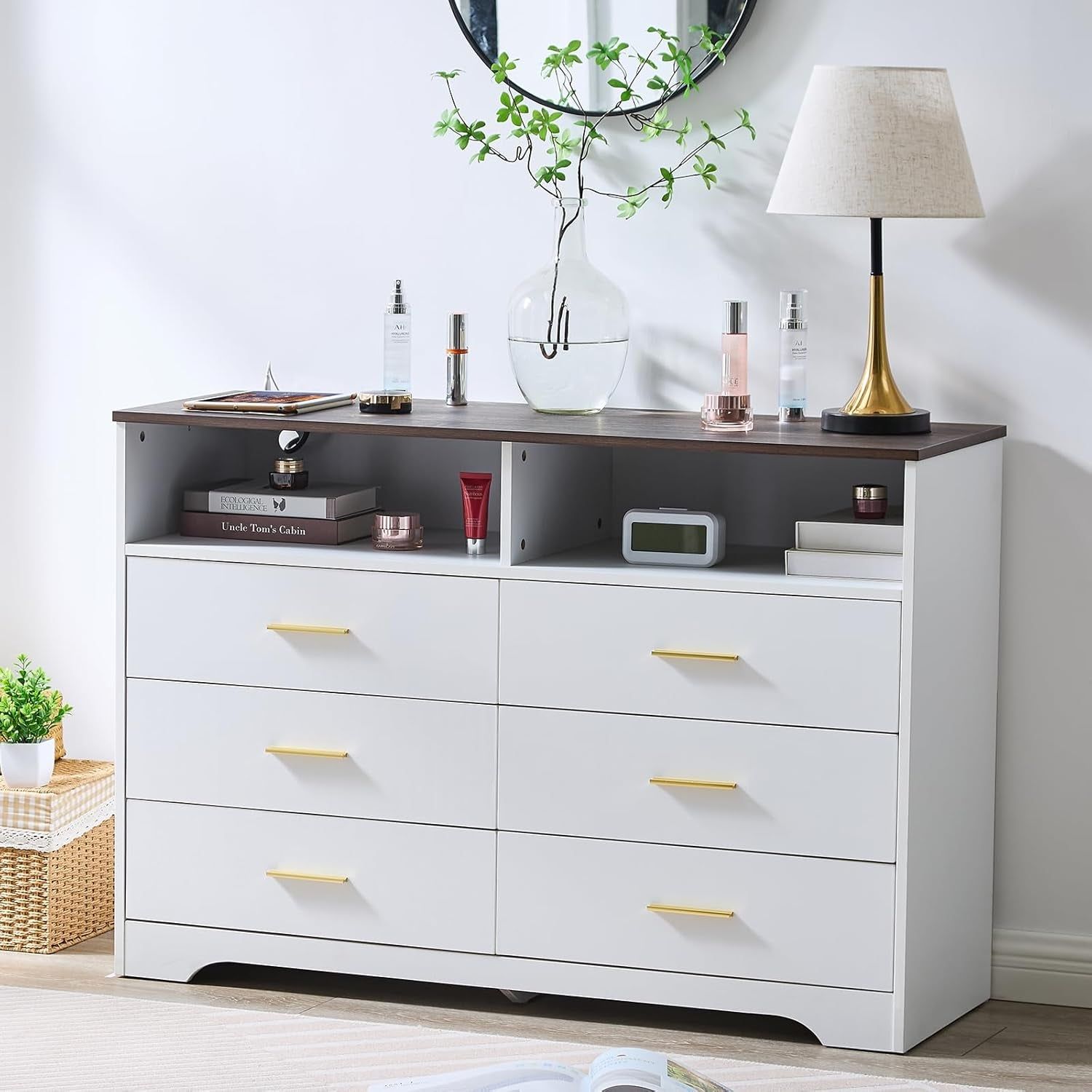 White Dresser for Bedroom Wooden, 6 Drawer Dressers &amp; Chests of Drawers, Modern Wood Tall Dresser, 48 Inches Wide Chest of Drawers for Bedroom, Hallway, Living Room