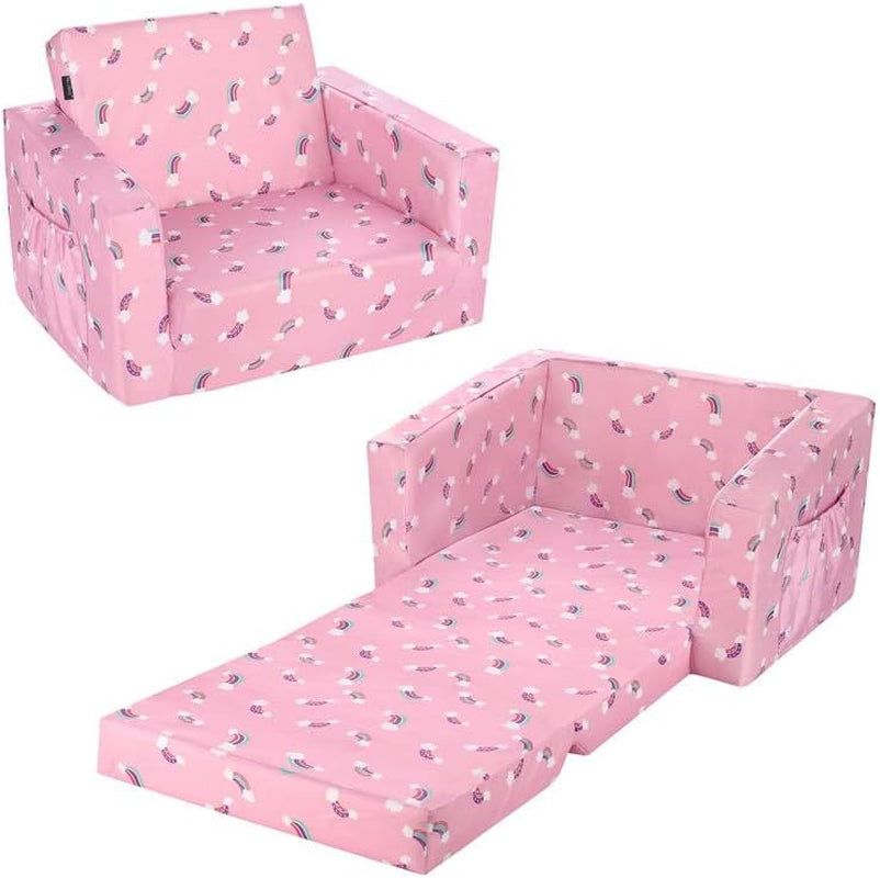 Kids Sofas Toddler Couch Bed Baby&#39;S Upholstered Chair Sleepover Couch Flipout Open Recliner(Pink/Rainbow)…
