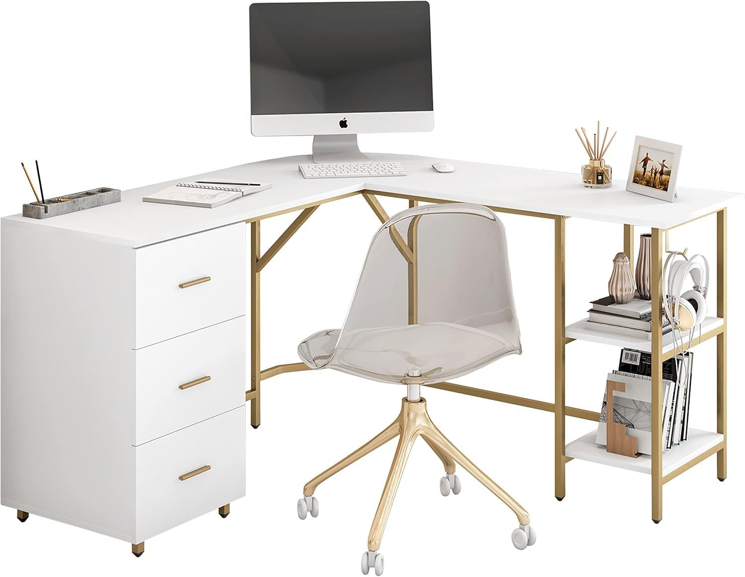 L Shaped Desk - Two-Toned Computer Desk with Drawers &amp; Storage Shelves - Simple Modern Furniture &amp; Home Office Space Corner Table for Work &amp; Writing