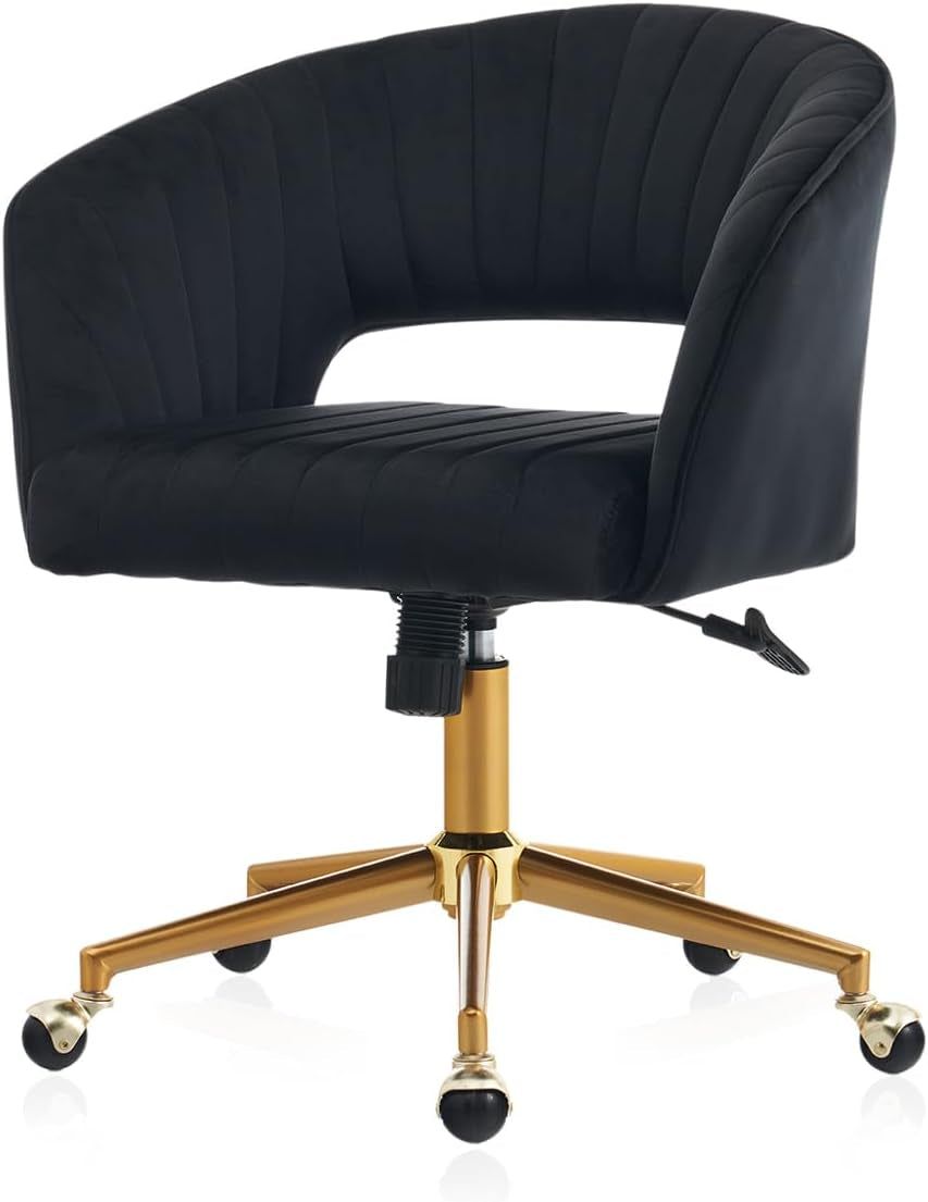Home Office Chair Swivel Velvet Desk Chair, Vanity Chair with 360 Swivel Armchair and Gold Base,For Living Room, Bedroom, Vanity, Study (Black)