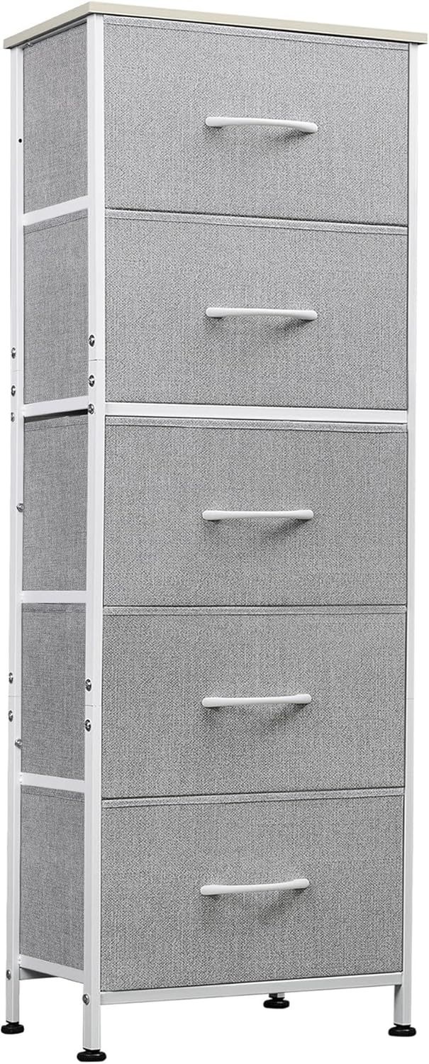 Fabric Dresser, 5-Drawer Tall Dresser for Bedroom, Storage Dresser Organizer with Fabric Bins, Wood Top, Sturdy Steel Frame, Chest of Drawers for Closet, Hallway, Light Grey