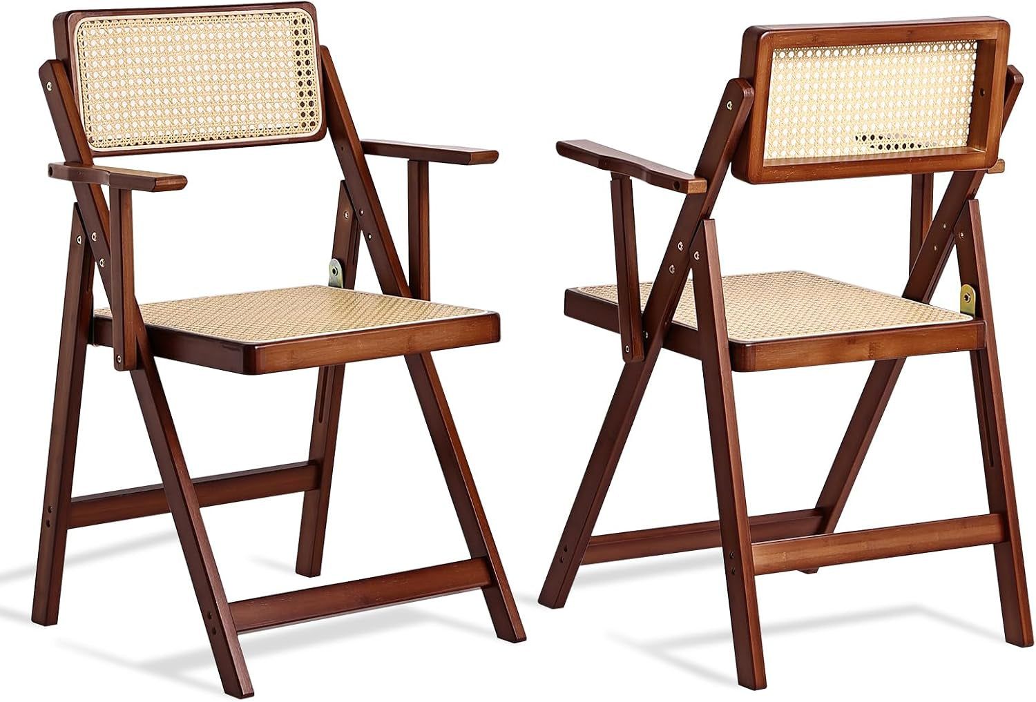 Rattan Folding Dining Chairs Set of 2, Modern Mid Century Dining Chairs with Arms, Outdoor Bamboo Chairs for Bedroom, Living Room, Reading Room, Walnut