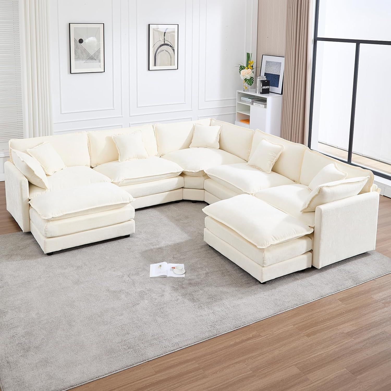 Modular Sectional Couch with Ottoman, Oversized U Shaped Corner Couch for Living Room, Chenille Sectional Sofa Set, Beige