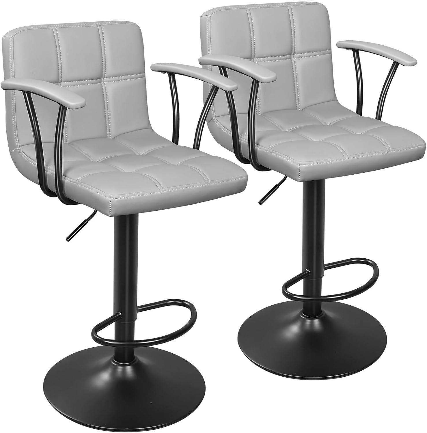 Bar Stools Set of 2, Armrest Adjustable Swivel Barstools with Back, Double Needle PU Leather Counter Height Chairs for Kitchen Lsland (Light Grey)