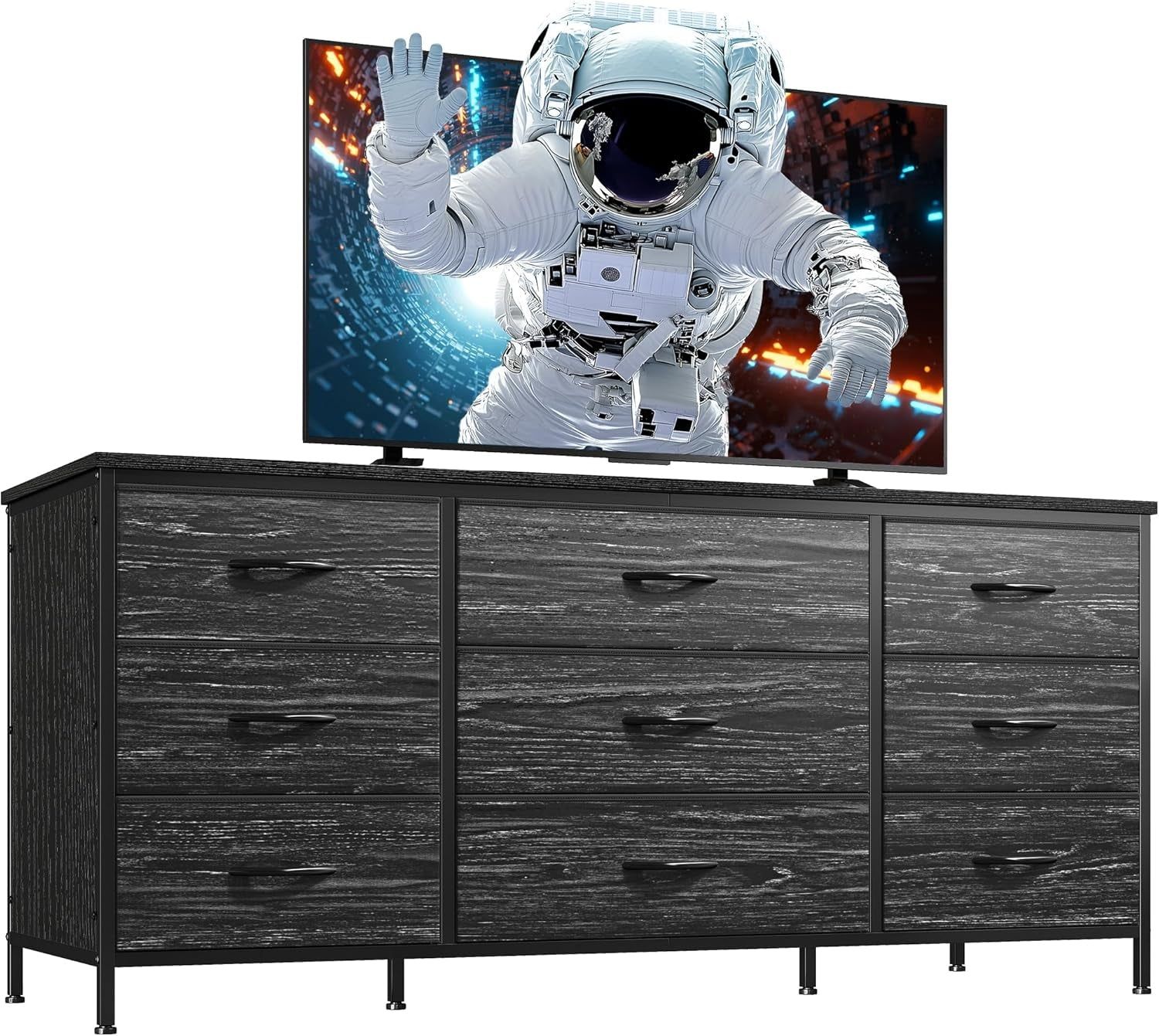 Dresser TV Stand with 9 Drawers for 60&#39;&#39; TV Stand for Bedroom Long Dresser for Bedroom Wide Dressers &amp; Chests of Drawers, Sturdy Metal Frame &amp; Wood Top, Living Room, Closet, Charcoal Black