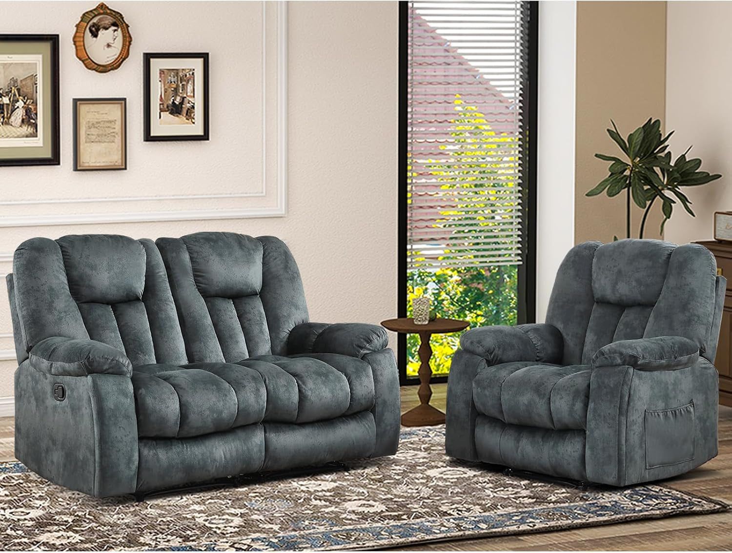 Reclining Living Room Set, Soft Fabric Manual 2 Piece Recliner Sofa Set, Included Recliner Chair with Massage and Heat and Loveseat Daul Recliner, Green Grey(Recliner+Loveseat)