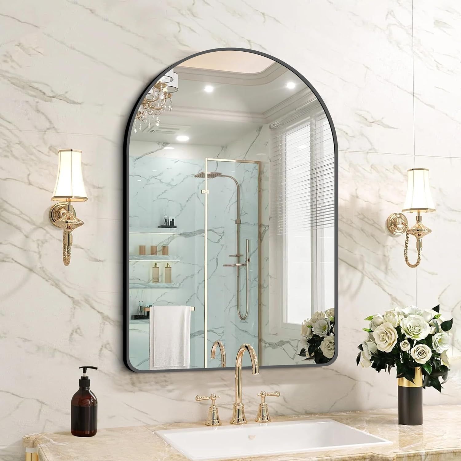 Arched Bathroom Mirror 24X36 Inch,Bathroom Mirror Wall Mounted Modern Black Aluminum Alloy Frame Decor Dresser Mirror for Bedroom Living Room Entryway, Hanging or Leaning against Wall