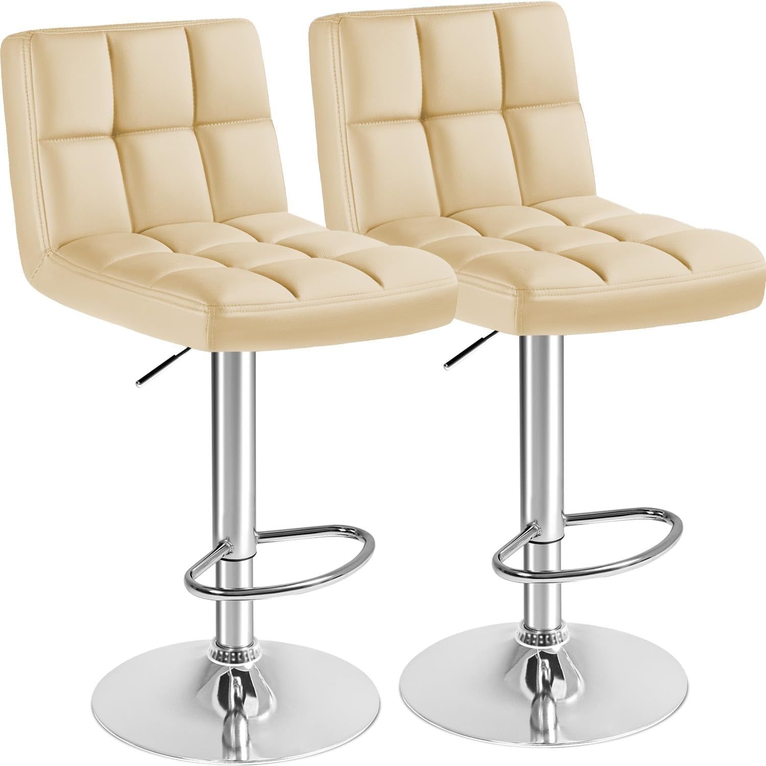 Bar Stools Modern Pu Leather Swivel Adjustable Hydraulic Bar Stool Square Counter Height Stool Set of 2 (Beige)