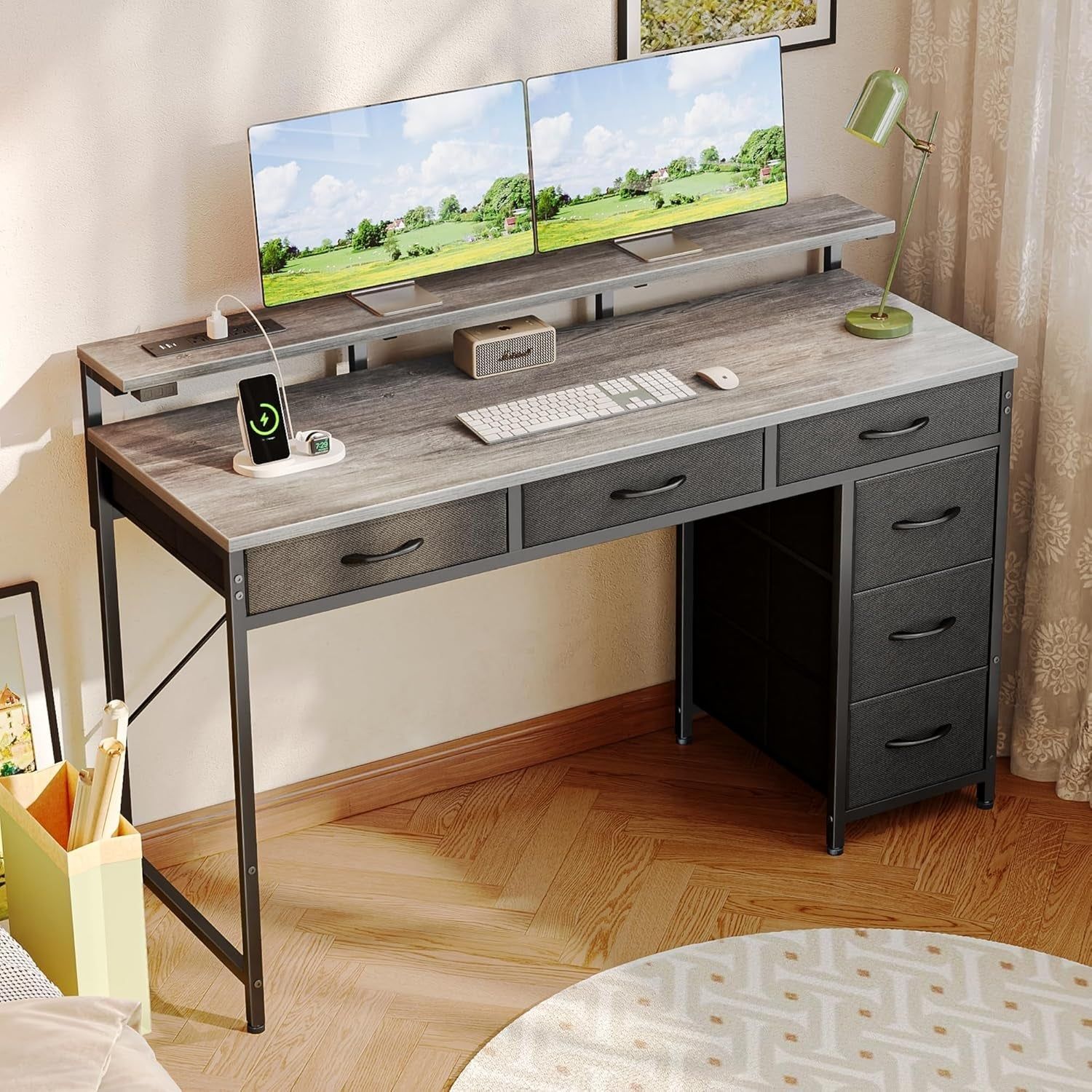 47&quot; Grey Gaming Desk with LED &amp; Drawers