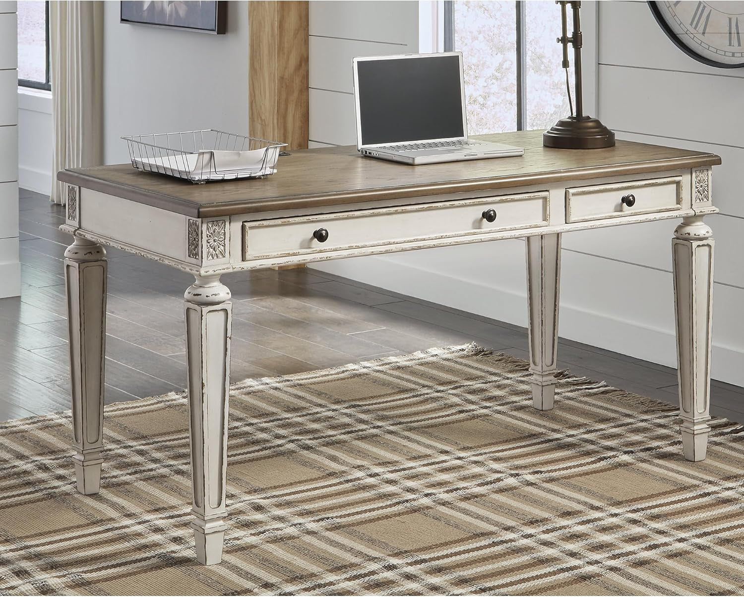 Realyn Farmhouse 60&quot; Home Office Desk with USB Charging, Chipped White