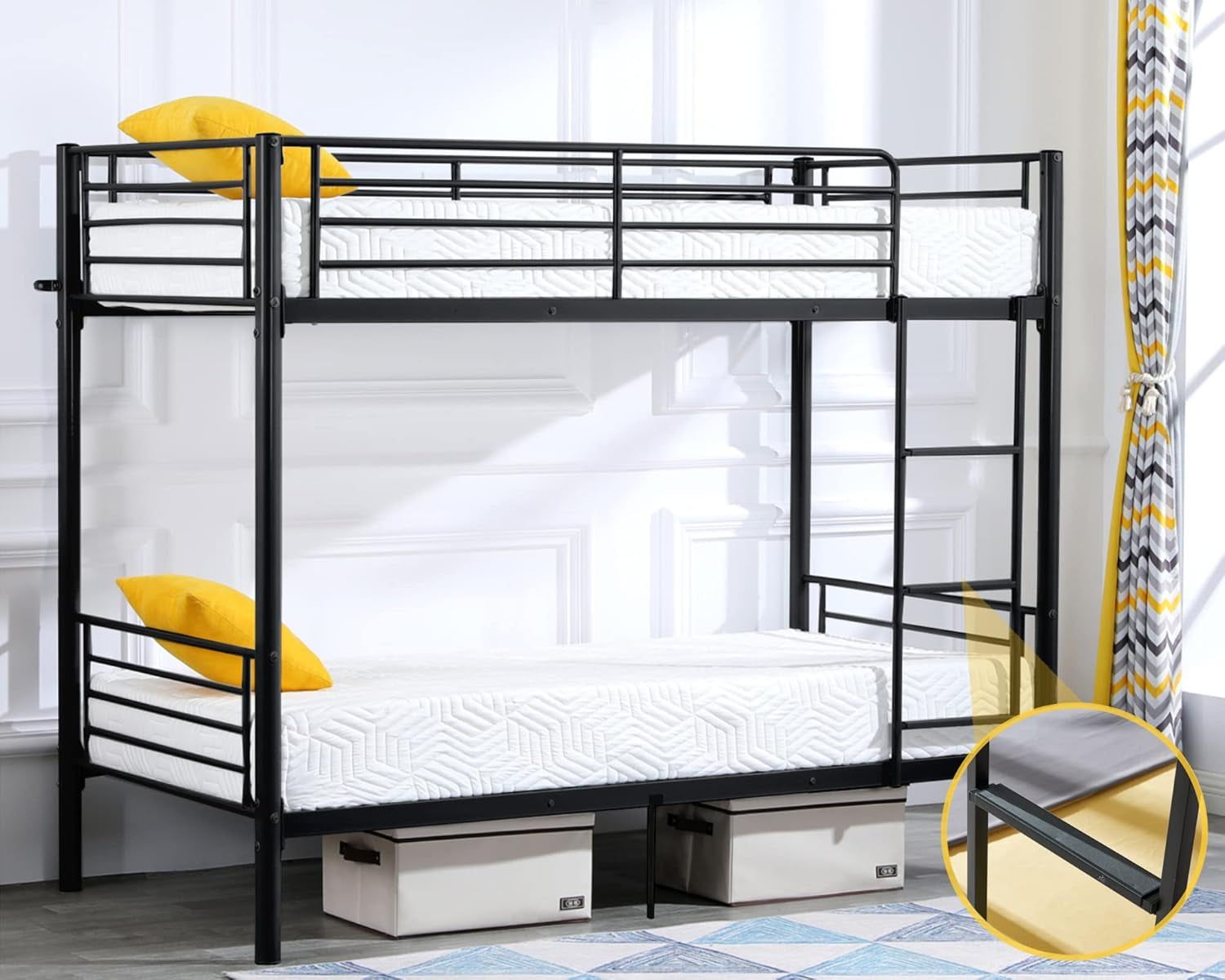 Bunk Bed Twin over Twin for Kids/Teens/Adults Heavy Duty Bunk Bed with Flat Ladder and 13 Inches High Guardrail, Metal Bunk Bed with Stairs, Black