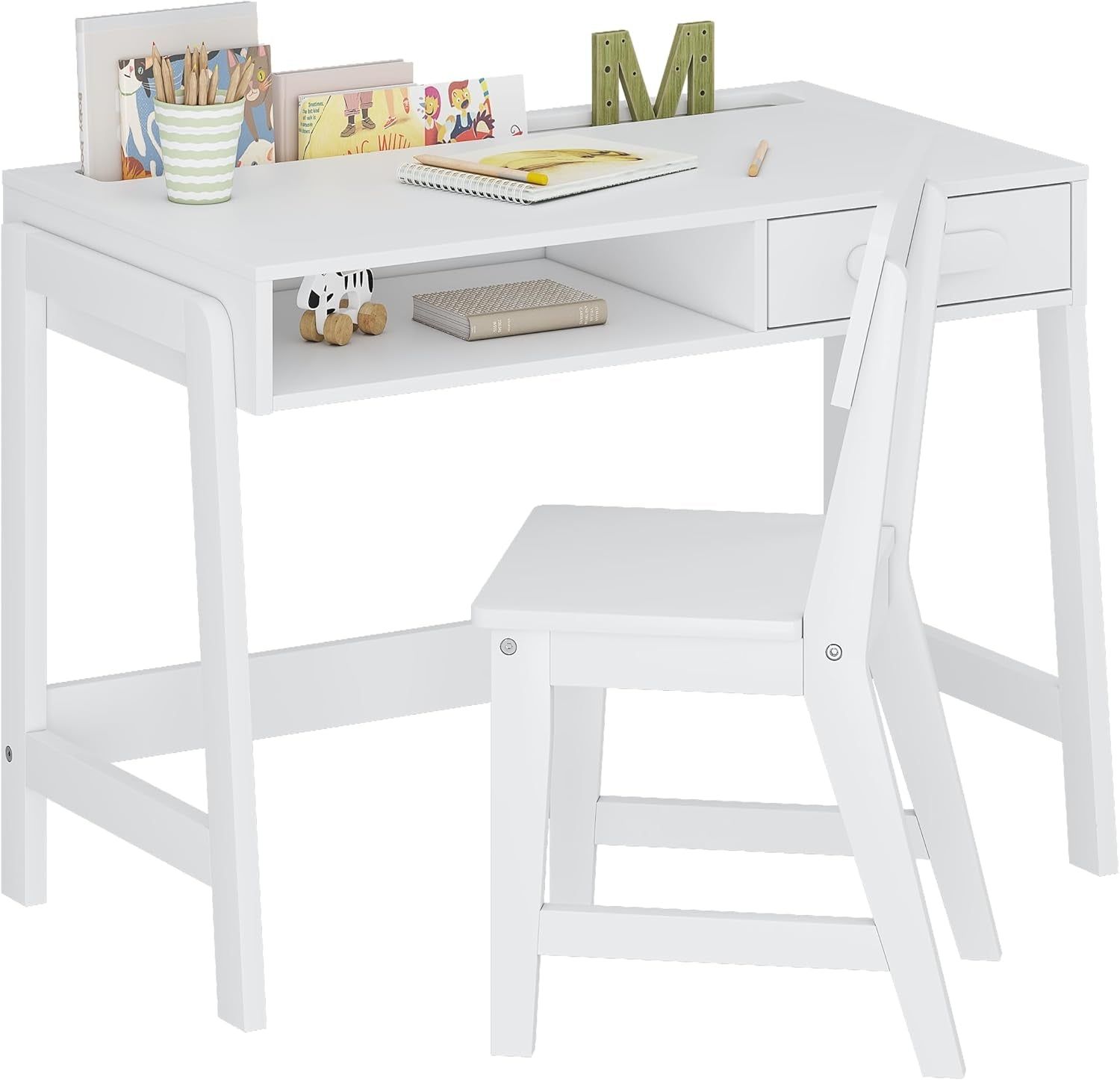 Kids Desk and Chair Set, Study Desk for Kids with Drawers, Wooden Children Study Table, Student Writing Desk Computer Workstation for Bedroom &amp; Study Room